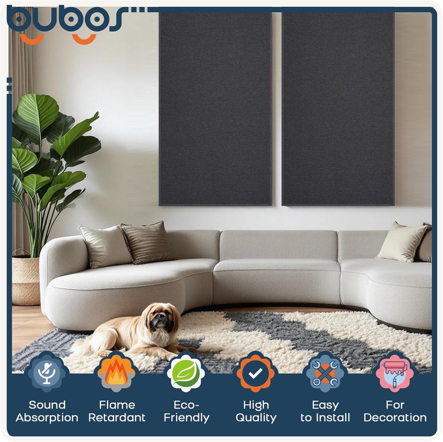 BUBOS 2 PCS Fabric Acoustic Panels,47.2''x23.6'' DecorativeSound Dampening Panels, Art Large Acoustic Wall Panels for Studios, Office, Home Theater,Super CavityPro Grey