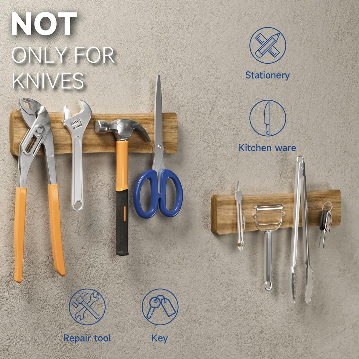 Magnetic Knife Holder for Wall, 10" Acacia Wood Knife Magnetic Strip No Drill Knife Magnet Storage Bar Magnetic Tool Key Holder Strip for Wall Use as Knife Rack for Kitchen Utensil Organizer Natural