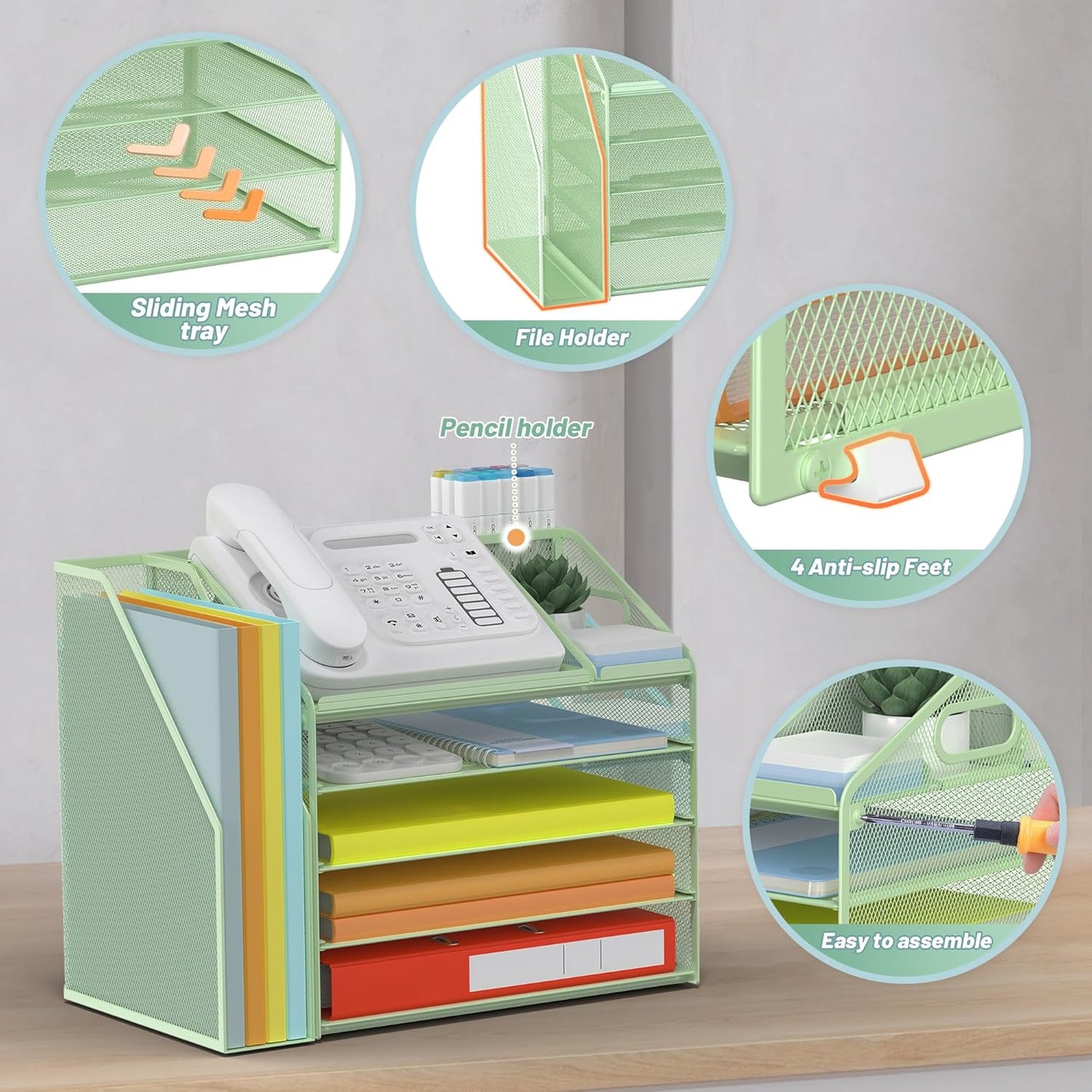 DocNest 5 Tier Paper Letter Tray File Organizer, Mesh Desk File with Handle, Workspace Desk Organizers with Pen Holder, Office Organization Storage Accessories - Green