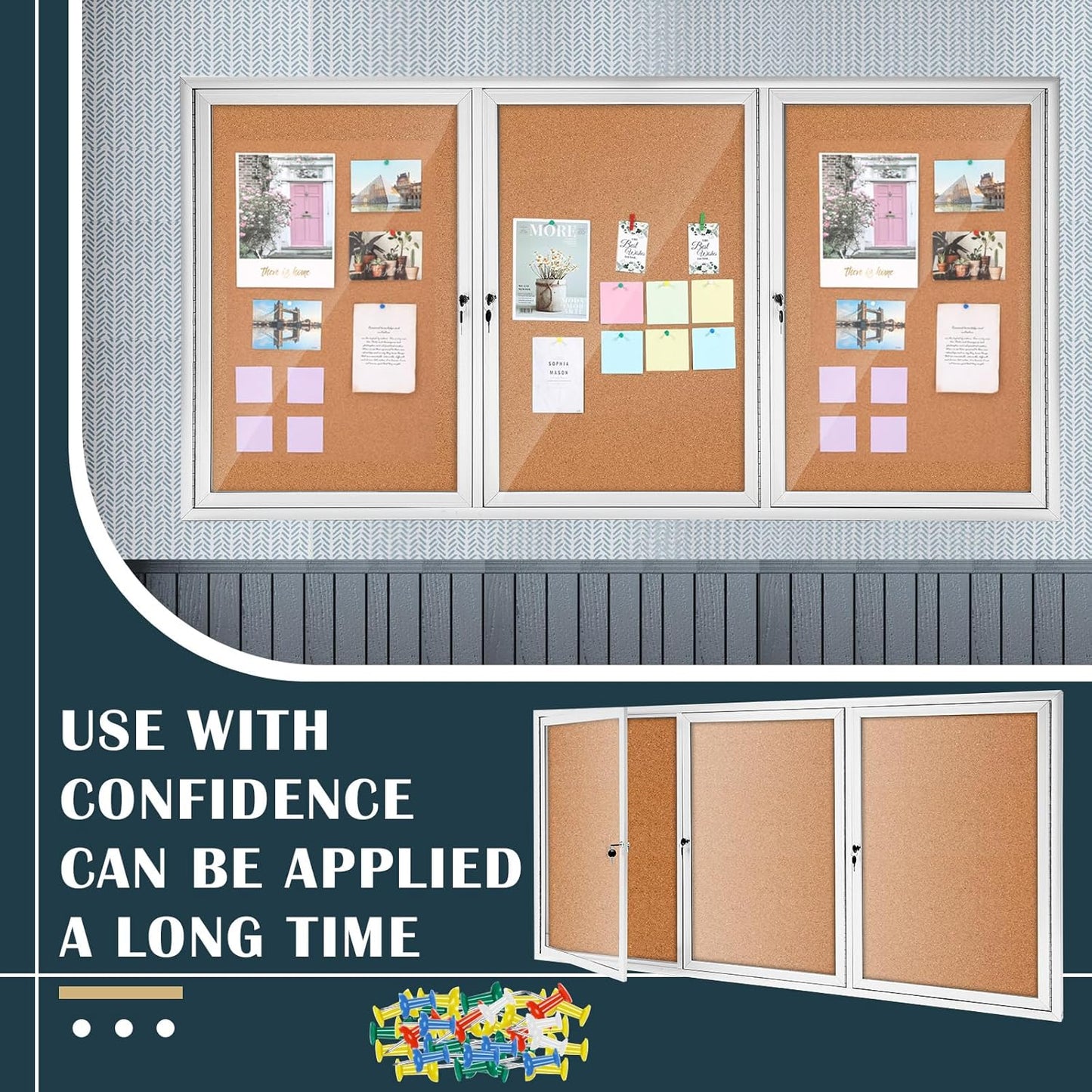 72" x 36" Enclosed Bulletin Board Outdoor 3 Door Weatherproof Tamper-Proof Enclosed Cork Board with Lock Aluminum Frame Display Case for Back to School, Office Commercial, 18xA4(Wood Color)
