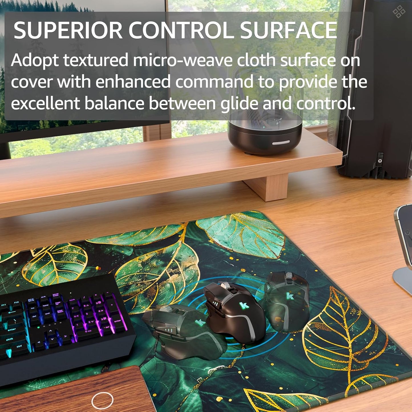 KTRIO Large Gaming Mouse Pad with Stitched Edges, Extended Mousepad with Superior Micro-Weave Cloth, Non-Slip Base, Water Resist Keyboard Pad for Gamer, Office & Home, 31.5x15.7in, Green Leaves