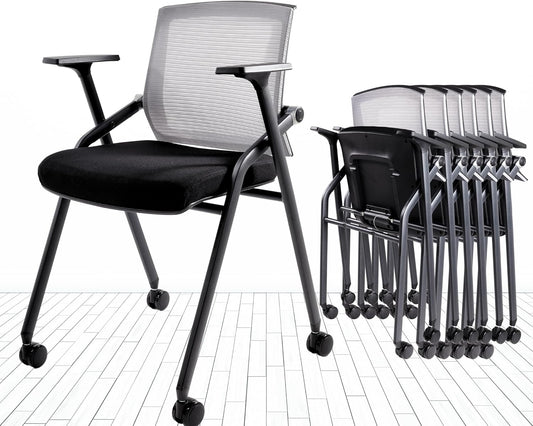 Conference Room Chairs, Folding Office Desk Chair with Lumbar Support and Sliding Armrest, Stackable Office Guest Chairs & Reception Chairs 20 Pack with Wheels