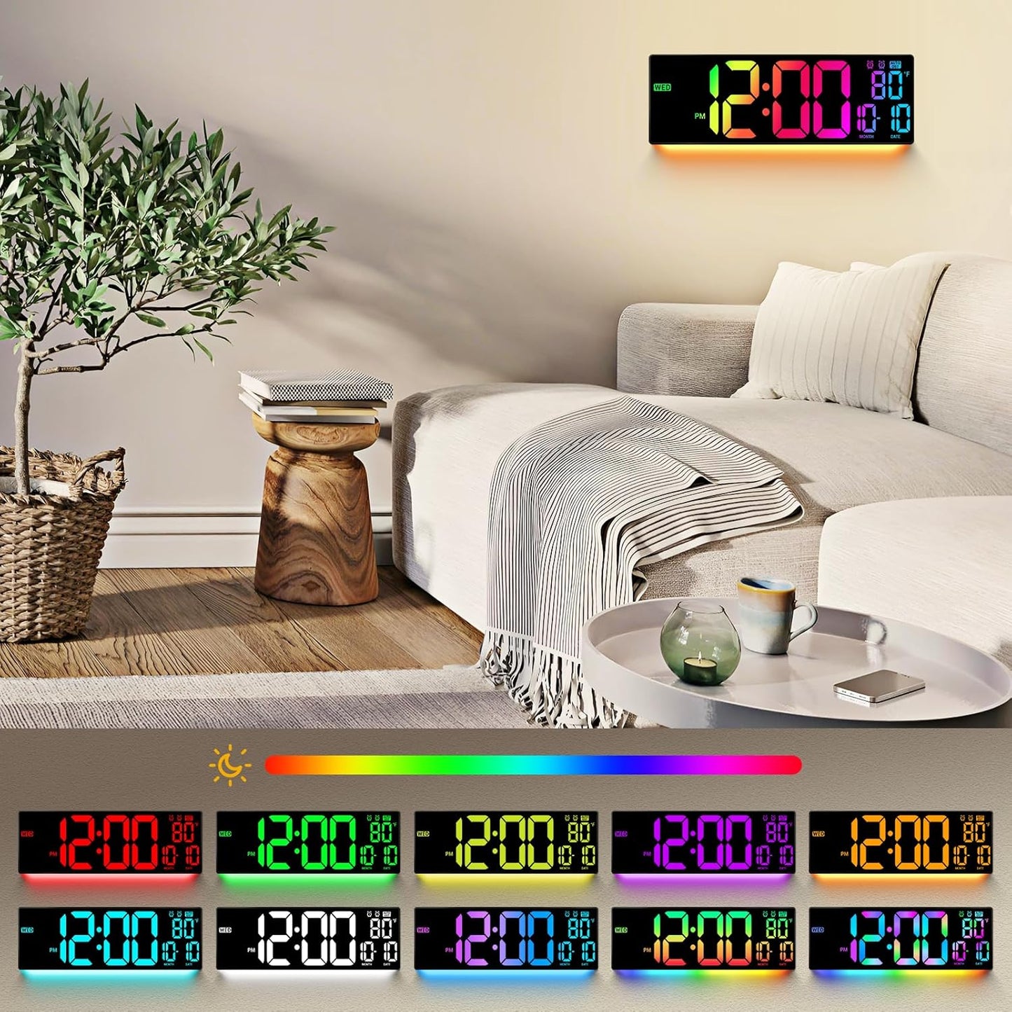 16.5" Large Digital Wall Clock: 11 RGB Colors Wall Mount Decor Clock for Living Room Bedroom Office Classroom, House Warming Gifts New Home Decor, Birthday Gifts for Men Women Black