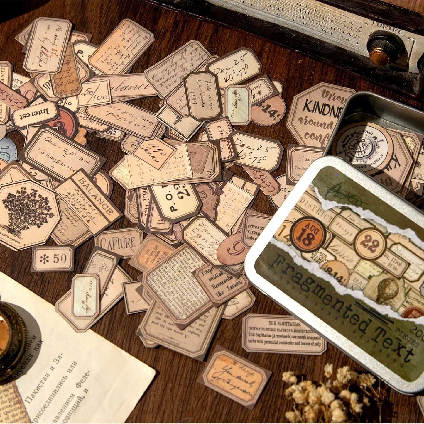 Vintage Fragmented Text Stickers, 400 PCS Washi Ephemera for Scrapbooking, Journaling, Crafting, DIY Projects, Diaries, and Art Supplies - 2 Iron Boxes Included