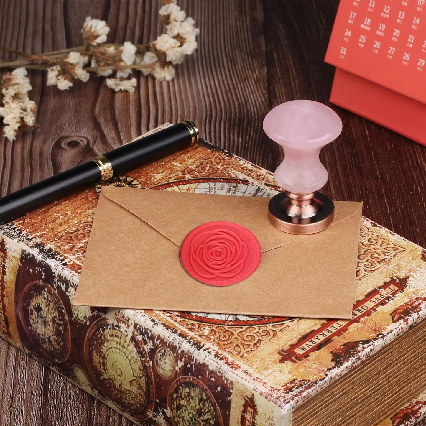 rockcloud Wax Seal Stamp Set, 4 Pieces Sealing Wax Stamps Copper Seals with 1 Rose Quartz Seal Handle for Cards Envelopes Invitation Decoration, Love Expressiont with Rose