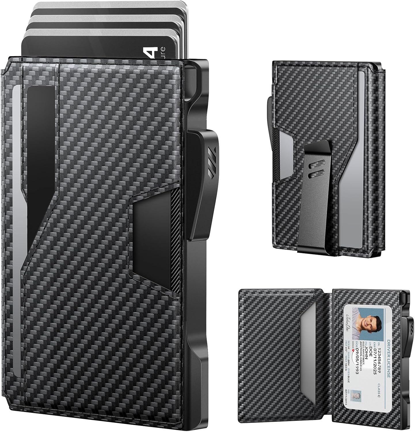 typecase Wallet for Men: Rfid-blocking with Money Clip Slim Leather Bifold ID Window Smart Pop Up Card Case Front Pocket Wallet with Gift Box (Carbon Fiber Black)