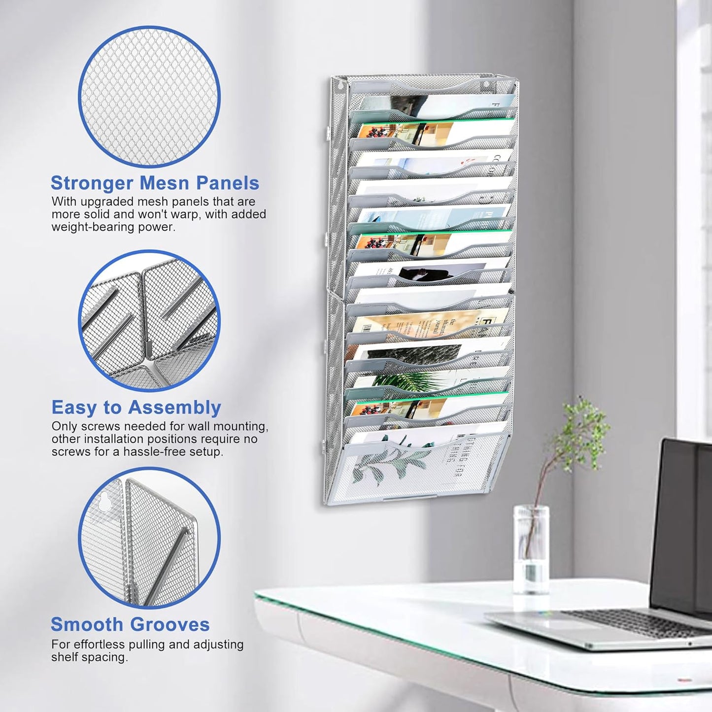 EasyPAG Wall File Holder Organizer 14 Pocket Mesh Hanging Wall Mounted Document Paper Folder Filing Magazine Rack with Nametag Label for Office Home School, Sliver