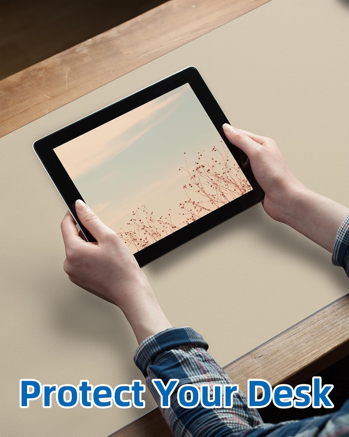 AFIING Leather Desk Pad Protector, Mouse Pad, Office Desk Mat, Non-Slip PU Leather Desk Blotter, Large Desk Mat, Waterproof Keyboard Mat for Office/Home/Decor (Beige, 48" x 17")