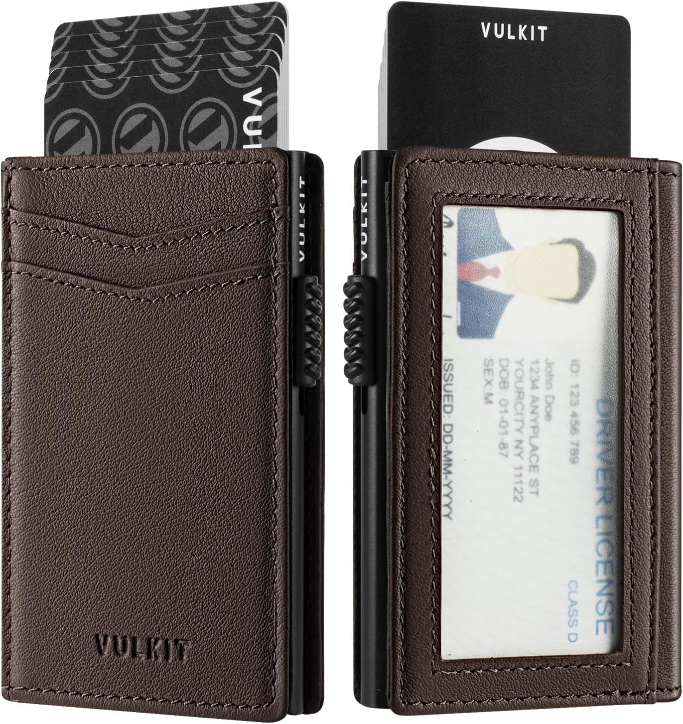 VULKIT Men's Wallet with ID Window Top Grain Leather RFID Blocking Minimalist Wallet Pop Up Card Holder Magnetic Closure