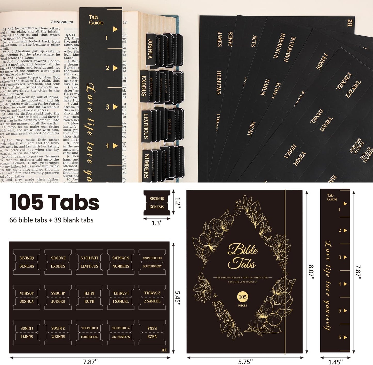 Laminated Bible Tabs, Gold Foil Embossed Lettering Bible Chapter Index Tabs for Women Men, Reposition Large Print Sticky Labels, Easy to Read and Apply, 105Chapters Labels for Easy Navigation (Black)