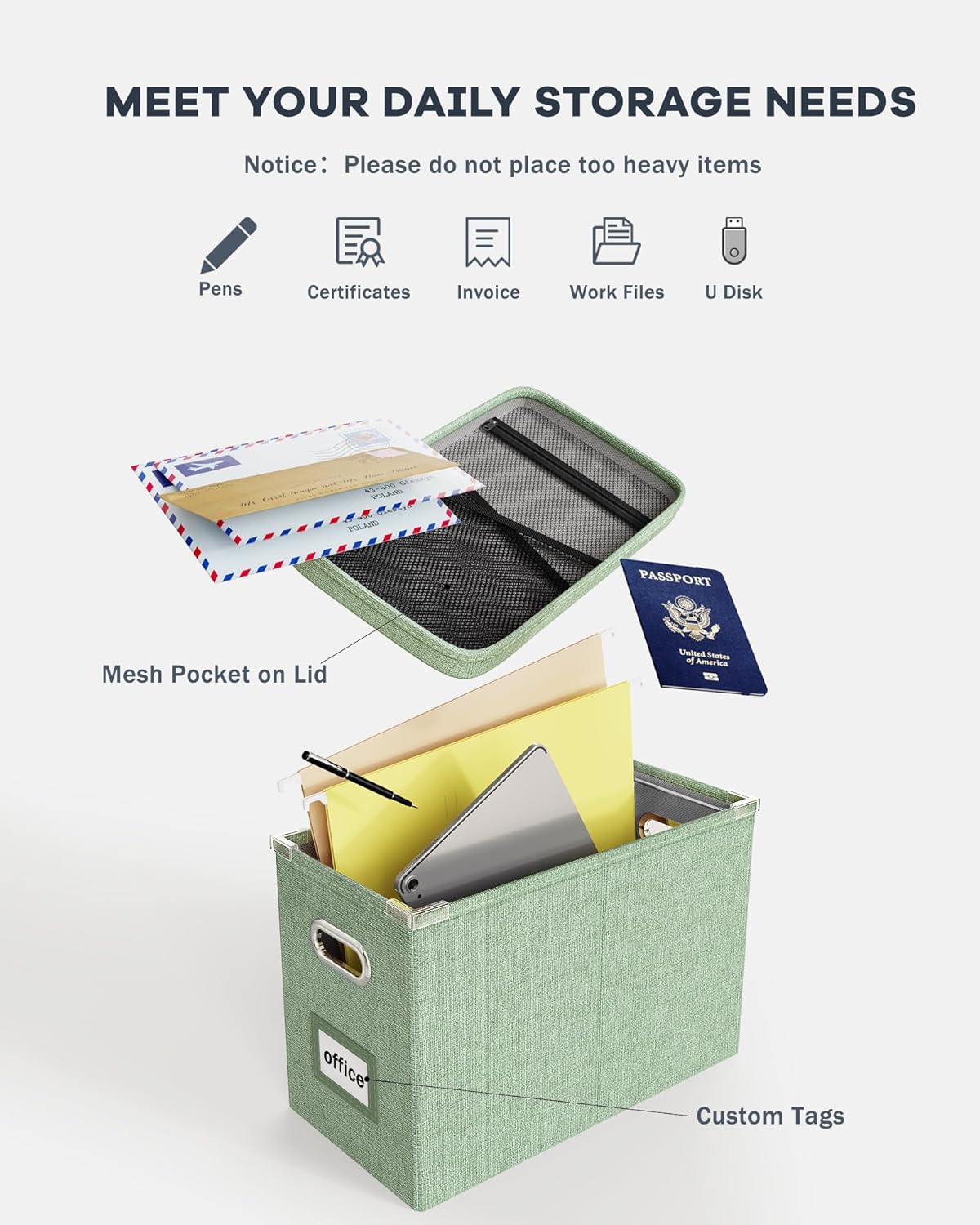 Oterri Hanging Filing File Box with Mesh Pocket, File Organizer Box with Lid, Collapsible Document Organizer Box for Letter Size, Easy Slide Durable Storage Box for Office/Decor/Home (2 PCS, Green)