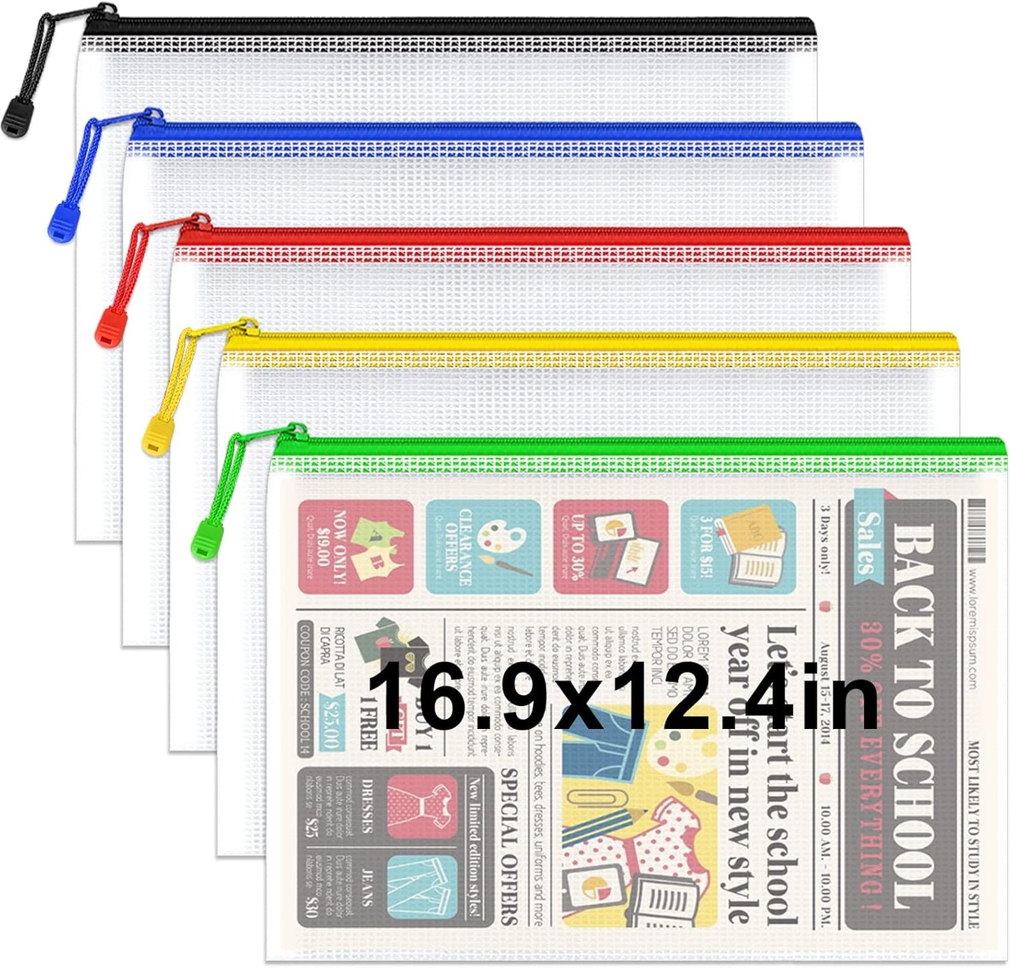 Umriox 5PCS Mesh Zipper Pouch 16.9x12.4 in, Zipper Bags, Extra Thick, Zipper Pouches for Organizing, Large Storage Bags for Puzzles Organizing