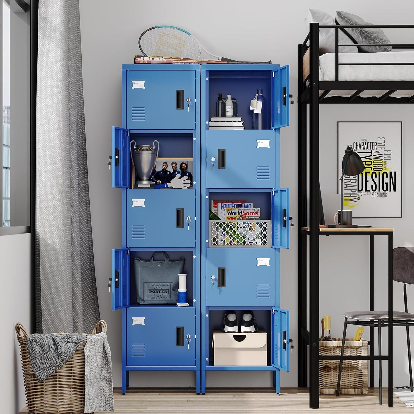 Aobabo 16" W 5 Door Metal Storage Locker with Lock, 66" H Steel Locker with Name Card Holder and Metal Leg for School, Home, Office, Playroom, Assembly Required, Blue