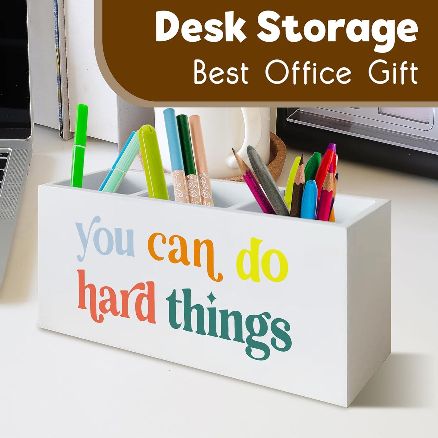 You Can Do Hard Things Desk Pen Holder, Inspirational Decor for Nursery School Psychologist Mental Health Therapy Office Desk, Positive Wooden Pencil Holder Organizer for Office