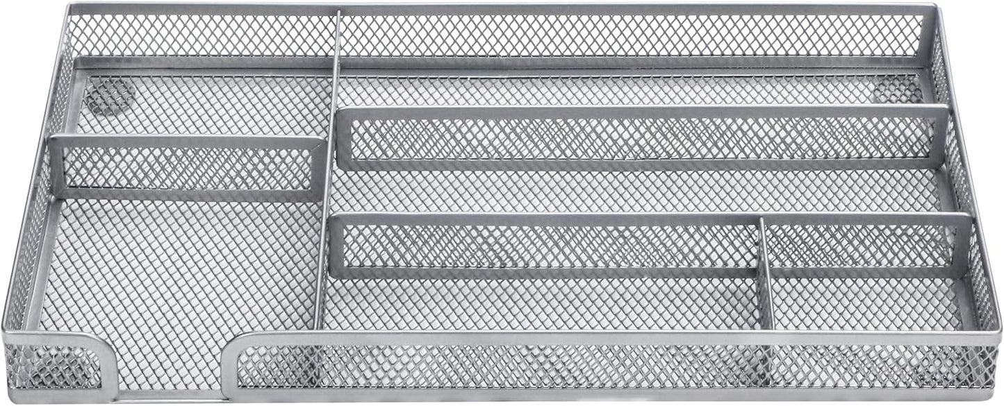 Annova Desk Drawer Organizer Tray for Office Organization - Metal Mesh - Storage Tray with Dividers for Pens, Desktop Accessories, Bathroom, Kitchen, Makeup and Office Supplies (Small, Silver)