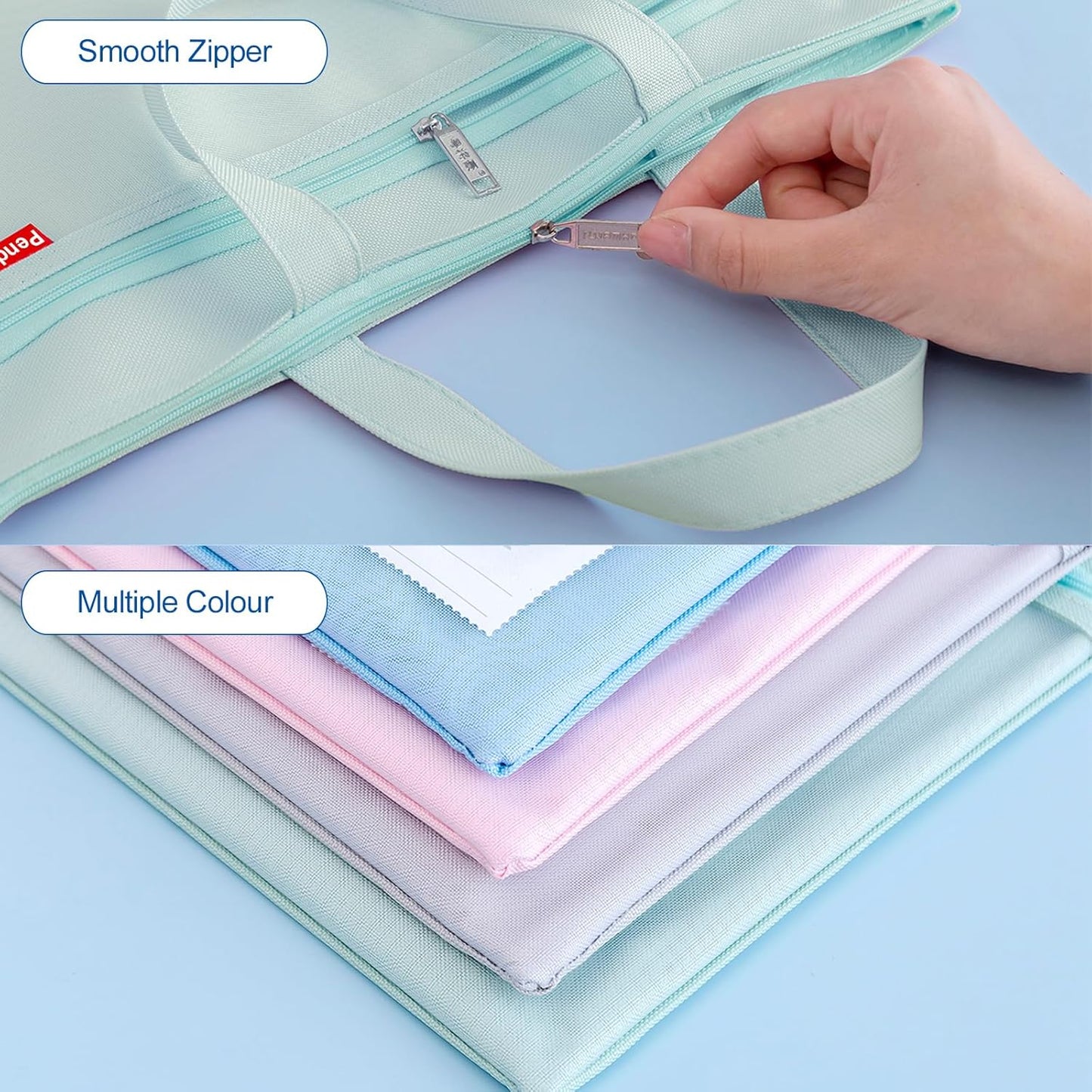 Pendancy Mesh Zipper Pouch 11x13.7 in, 2 pcs Large Double Pocket Waterproof File Bag with Handle, A4 Size Foldable Document Storage for Puzzle Project/Cross Stitch/Travel/Office（Green Pink）