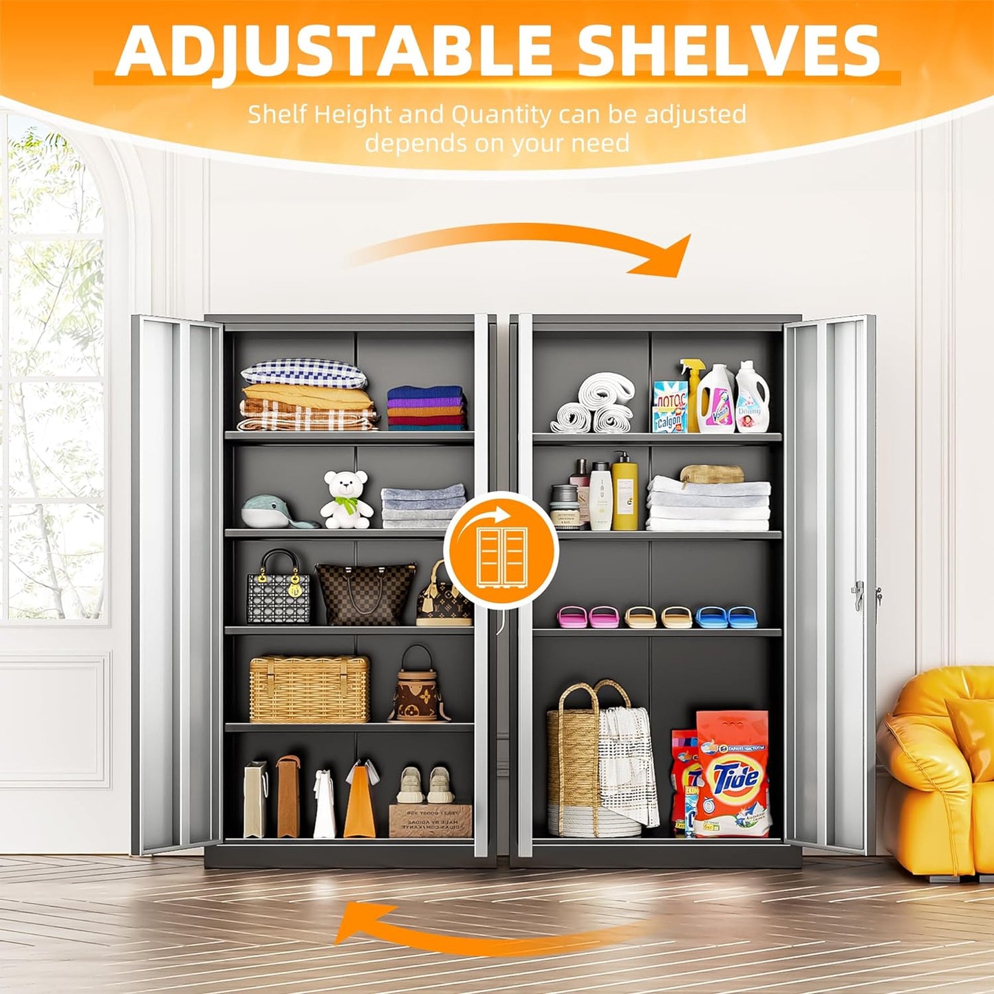 INTERGREAT Metal Storage Cabinet with Doors and Shelves,72" H Black Gray Steel Tool Locking Cabinet, Metal Storage Cabinet for Home Office, Warehouse, School