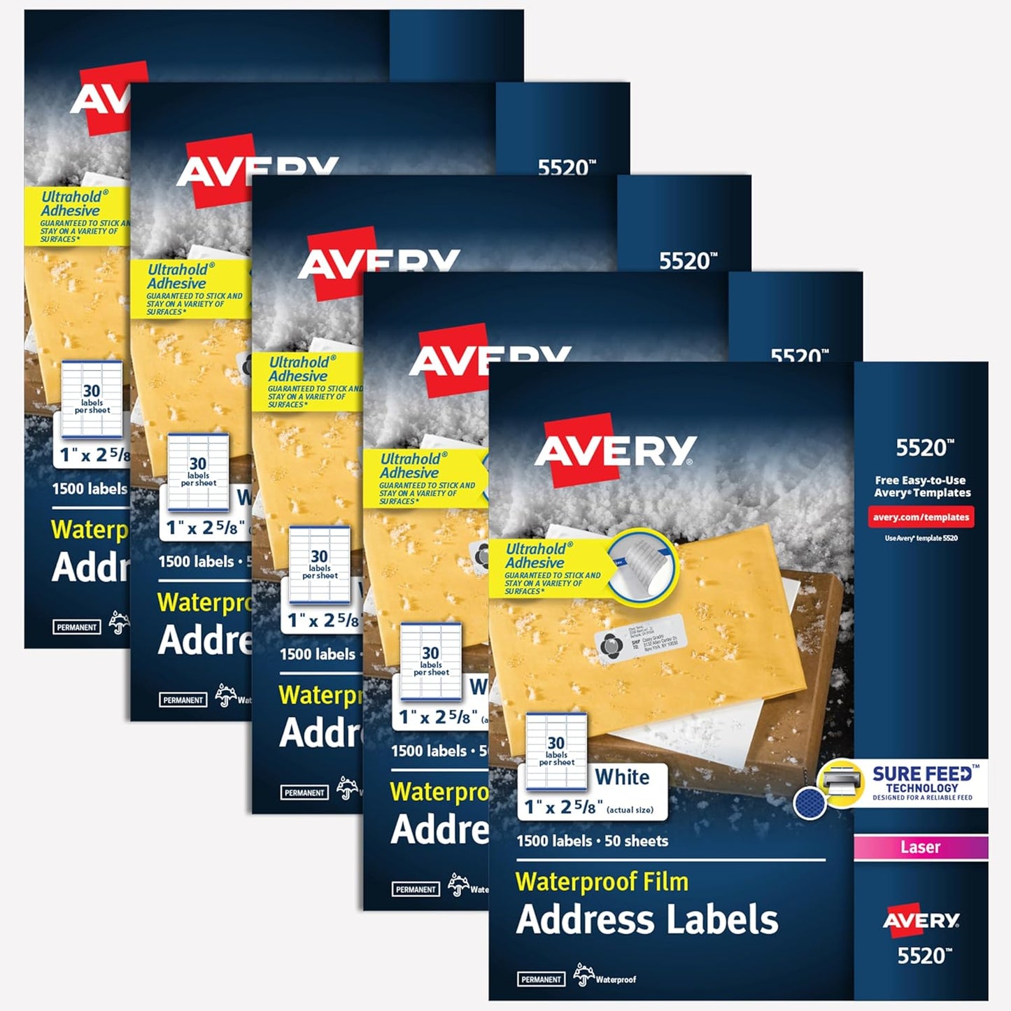 Avery Waterproof Sticker Labels for Printer - 1"x2-5/8" Mailing Labels, Ultrahold Permanent Adhesive, Laser Printers, 7,500 Printable Avery Address Label Sheets (5520)