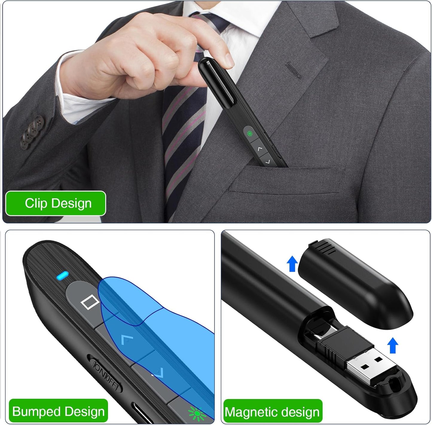 USB C Rechargeable Presentation Clicker with Green Light,Remote Clicker for Presentations Wireless Presenter Slide Changer PPT Advancer Pointer with Volume Control for Laptop Computer