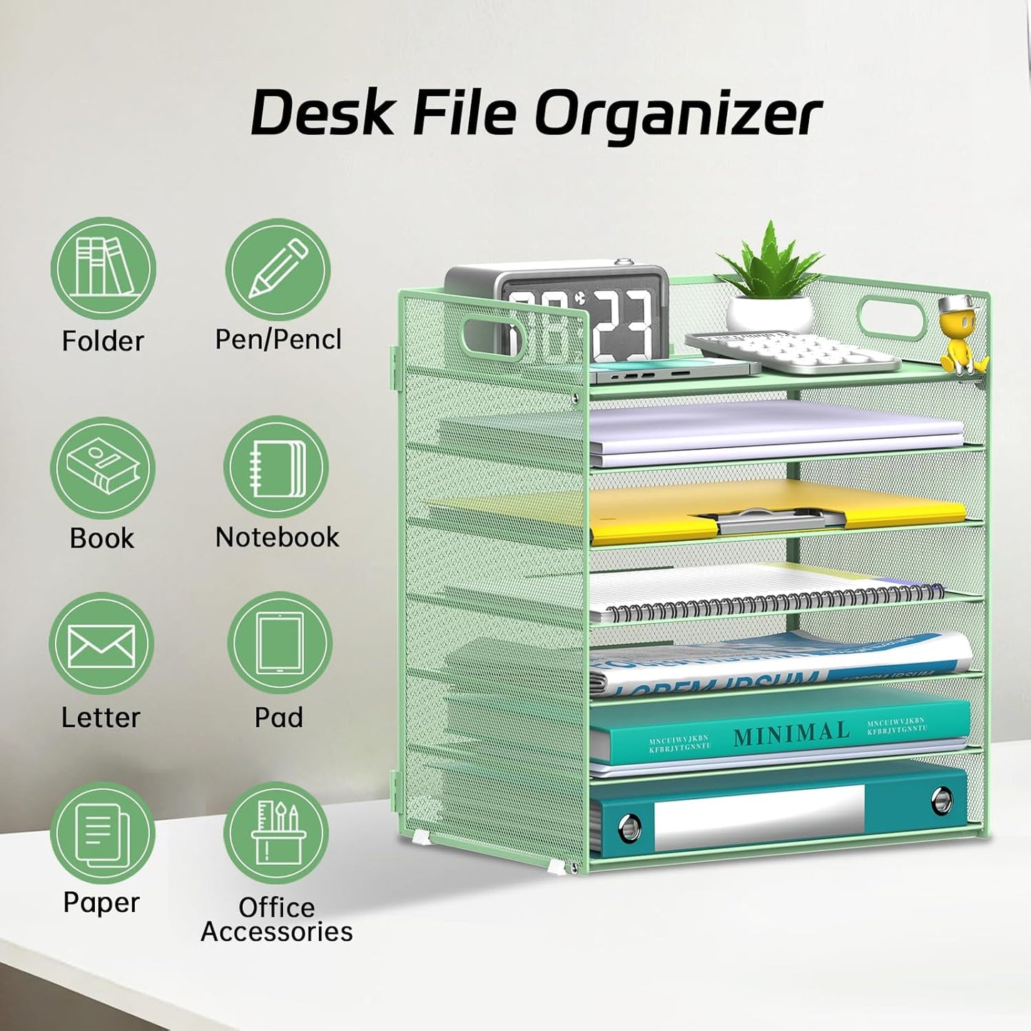 7 Tier Paper Organizer - Mesh Desktop File Holder with Handles for Office School Desk, Black (Mint green)