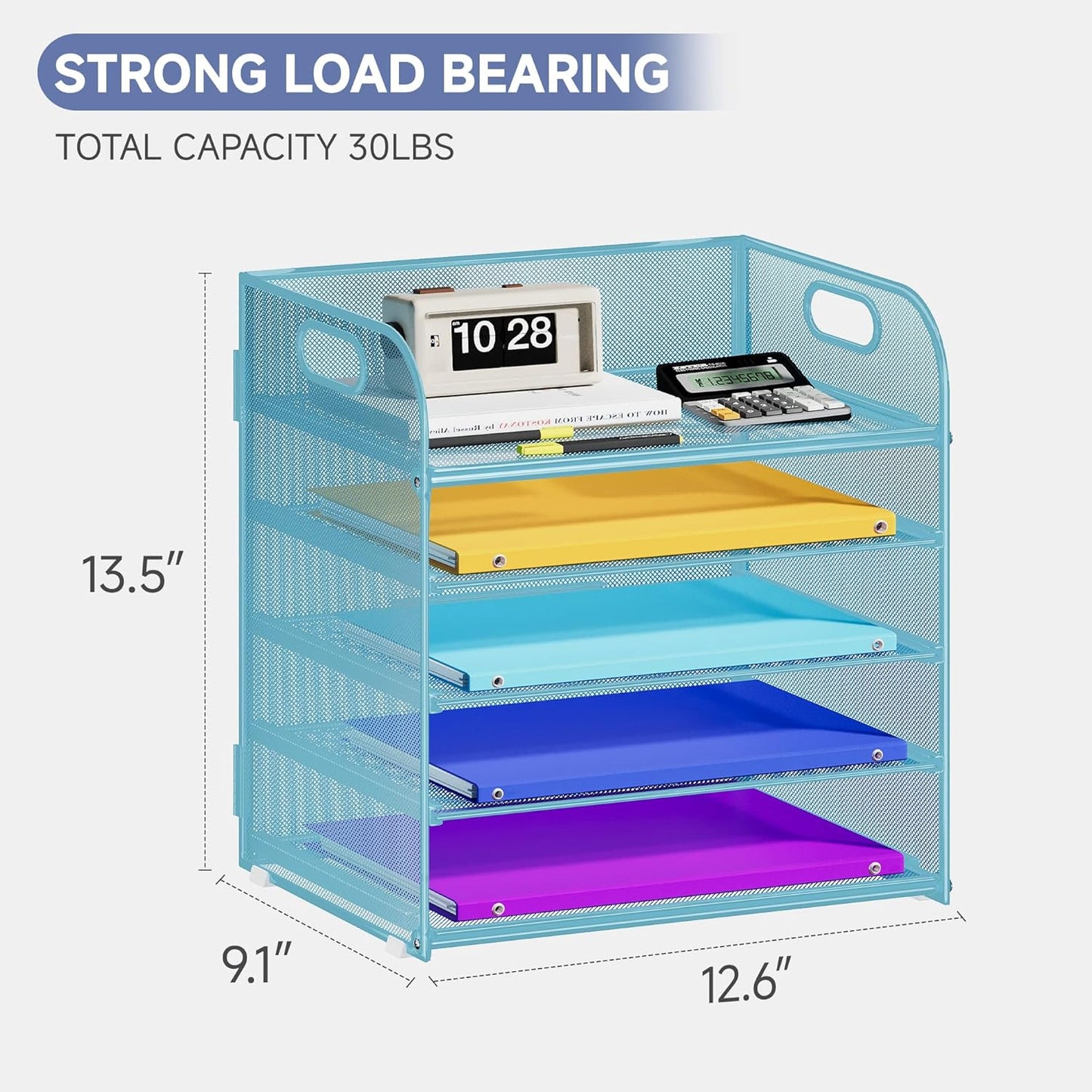 5 Tier Paper Organizer with Handle, Metal Mesh Desk Organizer File Folder Paper Letter Tray Desktop Document Sorter for Classroom, School, Office Accessories Organization and Storage - Blue