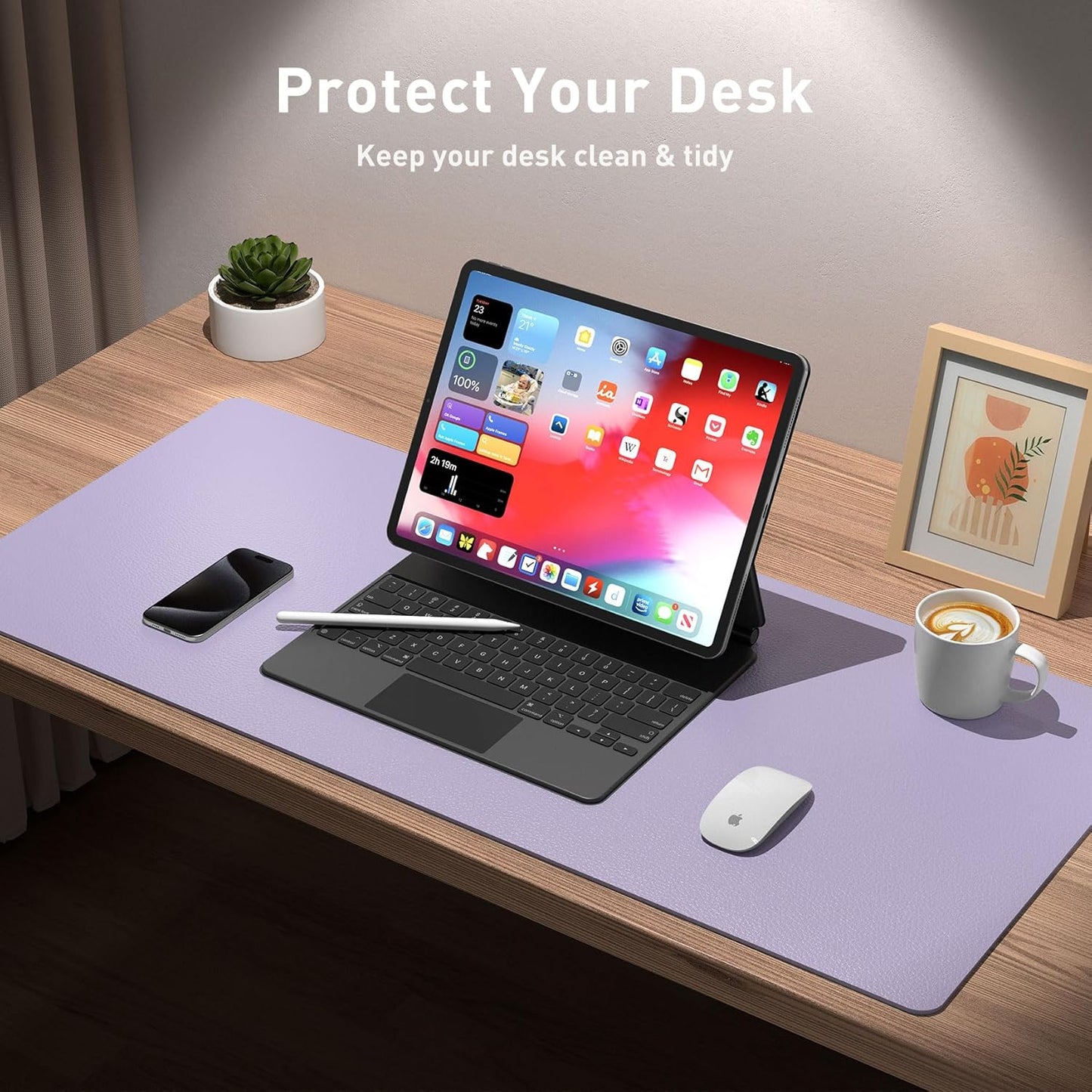 Leather Desk Pad Protector, Mouse Pad, Office Desk Mat, Non-Slip PU Leather Desk Blotter, Laptop Desk Pad, Waterproof Desk Writing Pad for Office and Home (48"x17", Lavender)