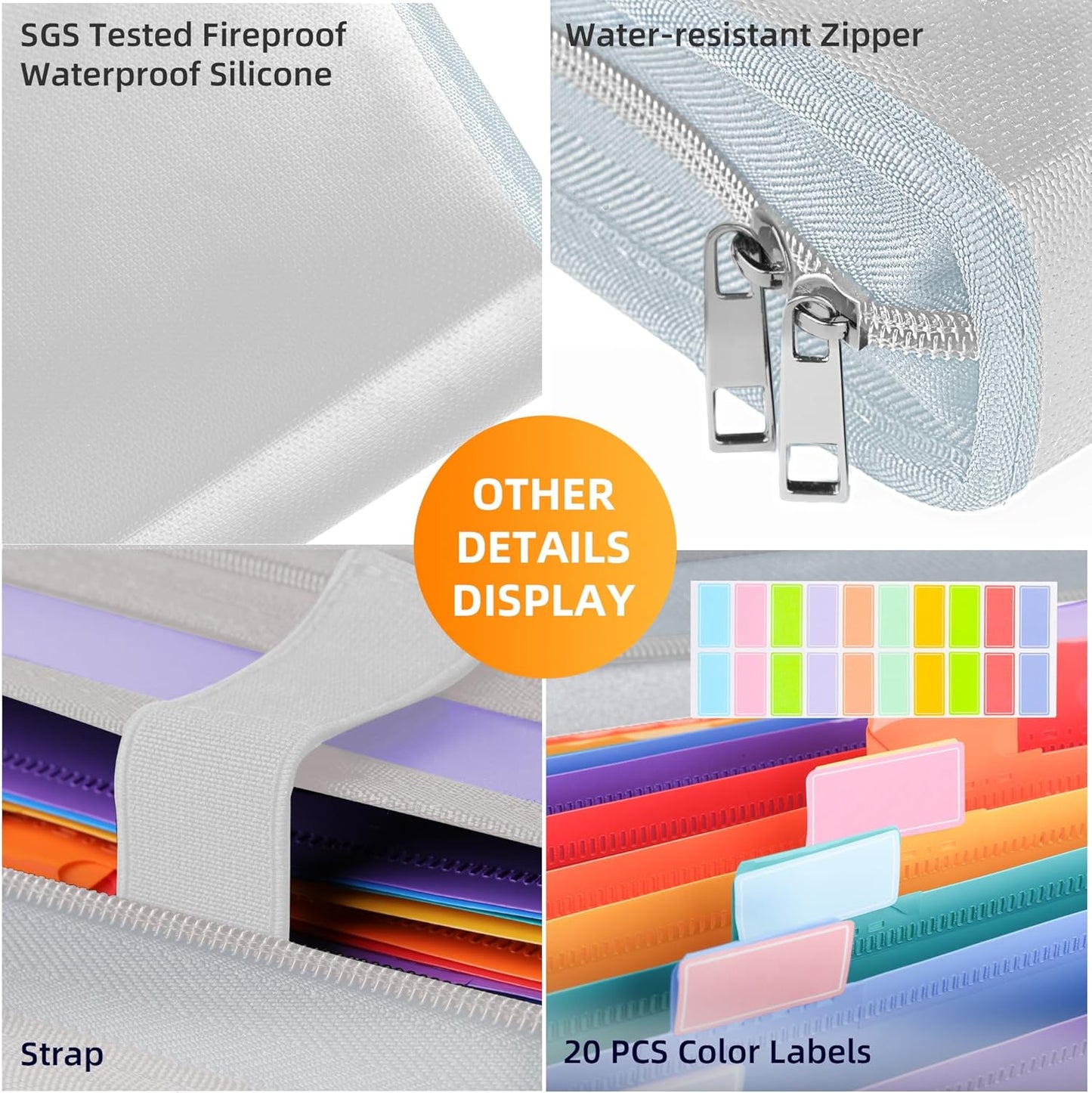 JUNDUN Accordion File Organizer - 12 Pocket Expanding File Folder with Zipper & Labels - Fireproof File Folder Organizer with Multi-Pockets,Document Organizer for Letter A4 Files and More (Silver)