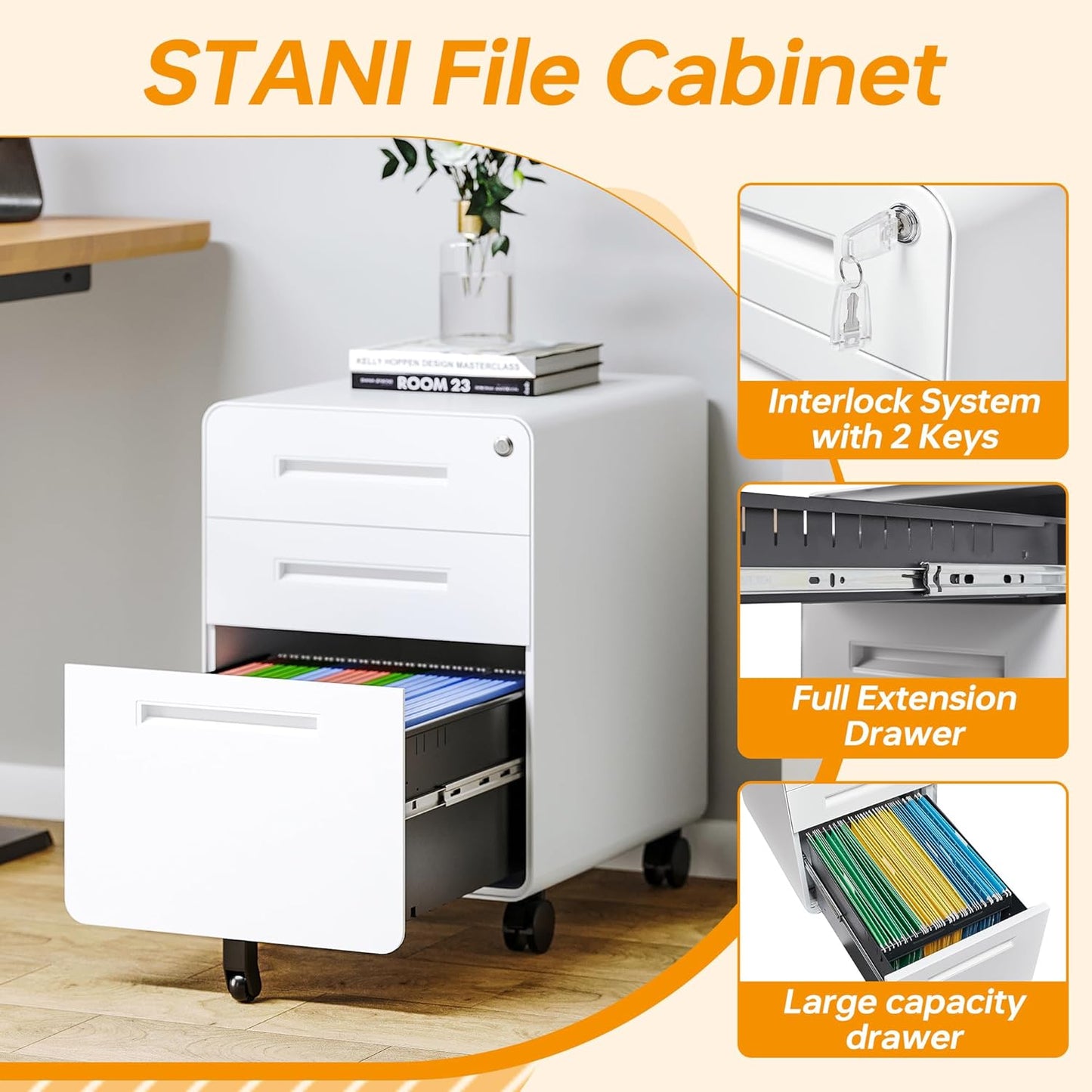 STANI 3 Drawer Filing Cabinet, Metal Filing Cabinet Legal/Letter Size with Lock, Mobile Storage Cabinet for Home and Office, Fully Assembled Except Wheels White