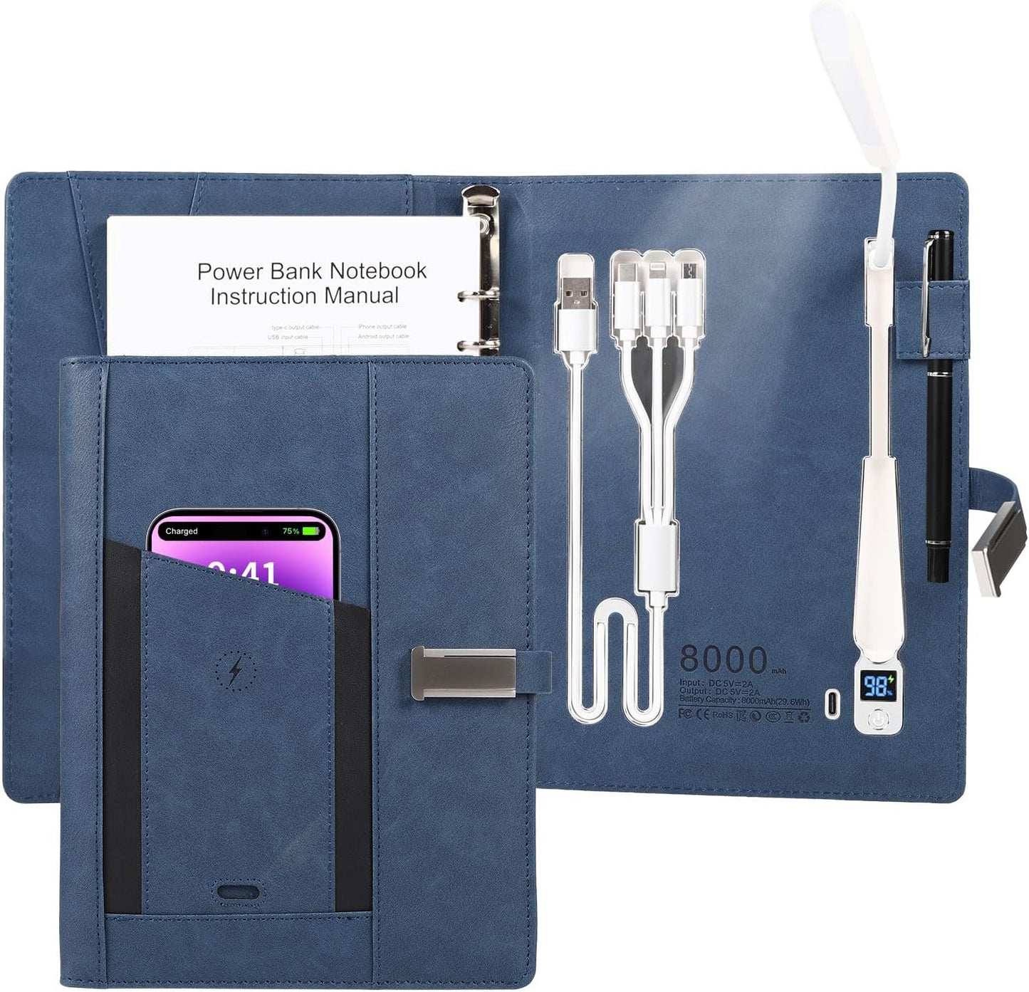 Premium Refillable Planner & Notebooks For Work,Rocketbook Notebook,With 8000mAh Power Bank, Book Light,3 in 1 Charger Cable,Card Holder,16G Thumb Drive,Used for Studying, Or Creating (Blue)