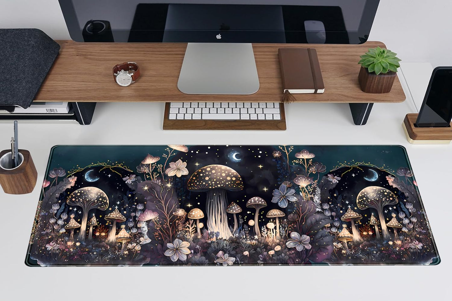 Cute Dark Mushroom Moon Night Mouse Pad XL Extended Gaming Mat with Stitched Edges, Computer Laptop Keyboard and Mouse Mat for Women Office Desk Decor, 31.5x11.8 in