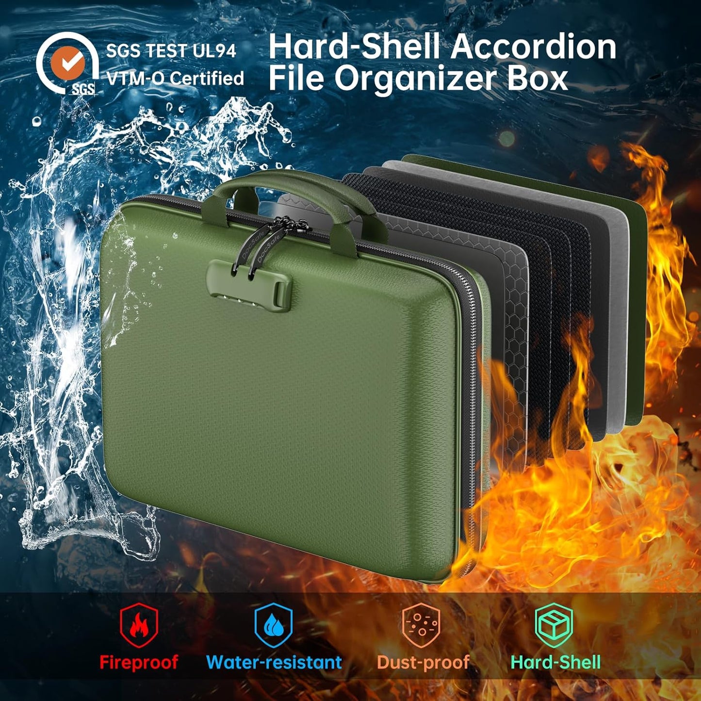 DocSafe Fireproof File Organizer with Lock, Hard-Shell Case Fireproof Document Box with 13 Pocket Accordion File Folder, Portable Home Office Travel Safe Storage for Important Documents Laptop Green