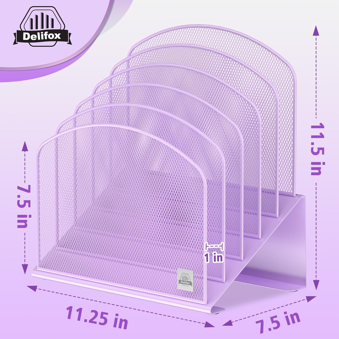 Inclined Desk File Organizer, 5-Section Vertical File Folder Holder Stand Metal Rack File Sorter for Office Classroom Desktop Organization (Purple, 2Pack)