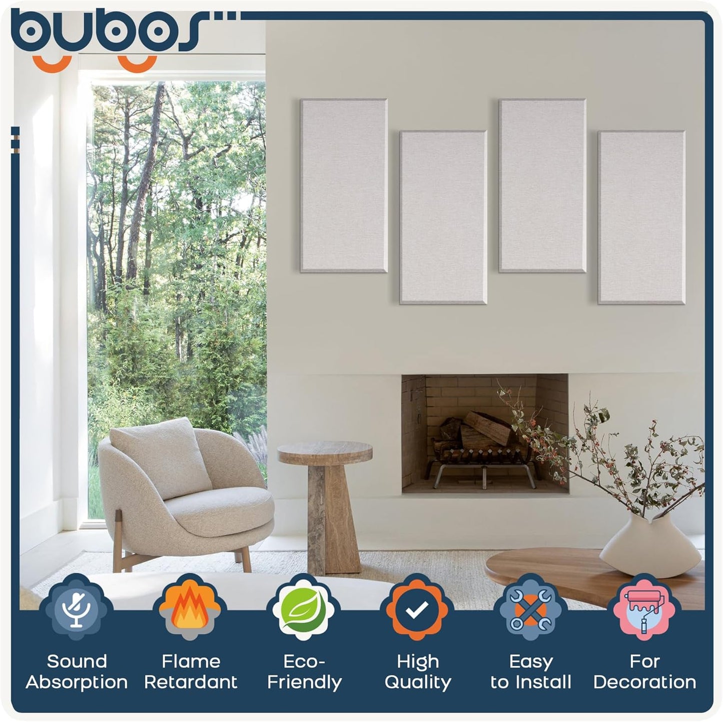 BUBOS 4 PCS Acoustic Panels,23.6''x11.8'' Fabric Soundproof Wall Panels,Self-adhesive Sound Absorbing Panels for Studios, Office, Home Theater,Fabric-Clad Linen
