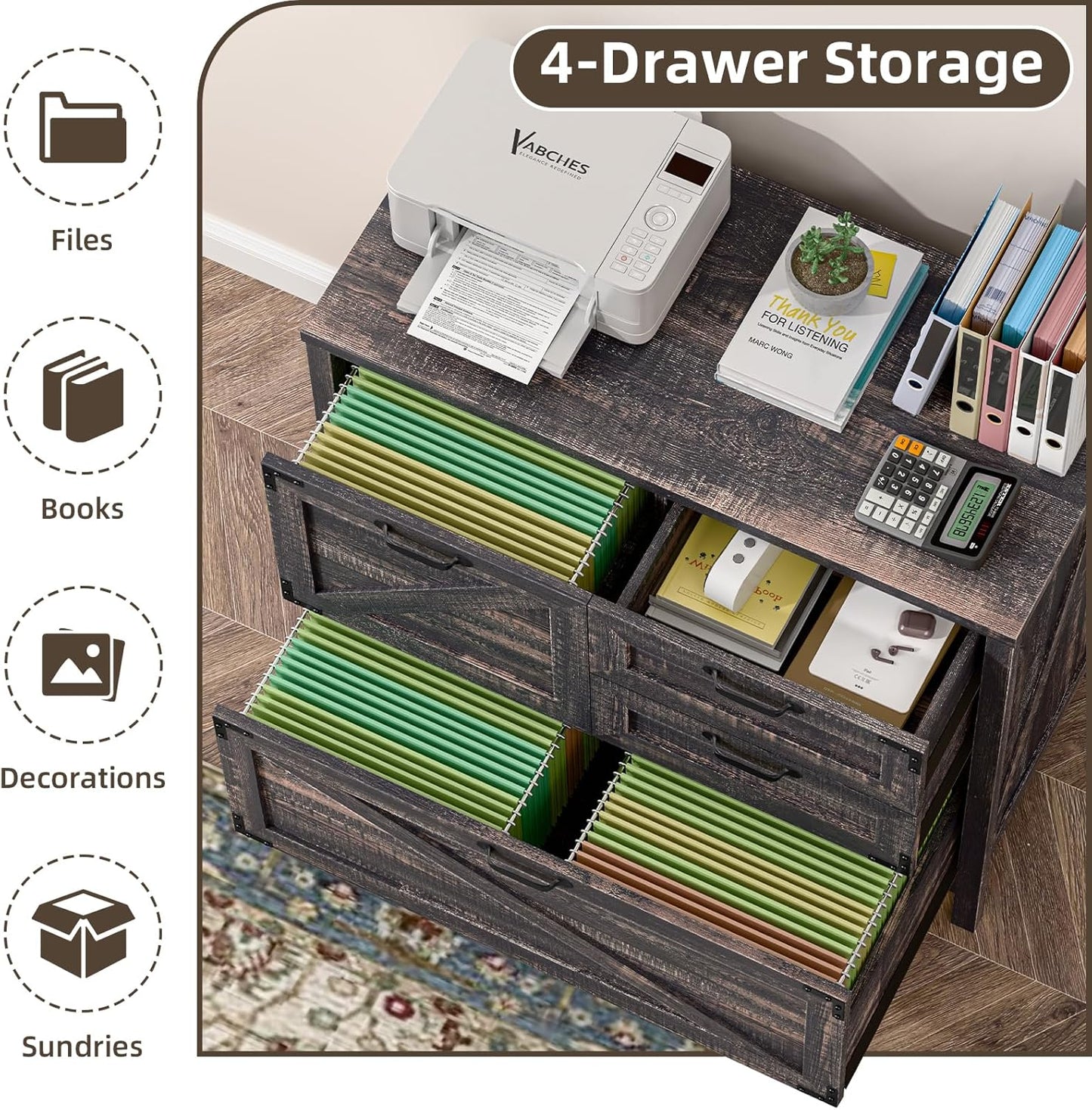 4-Drawer Wood Lateral File Cabinet for Hanging Files Letter/A4/Legal Size, Large Farmhouse File Cabinets for Home Office, Printer Stand with Office Cabinets, Office Furniture, Dark Rustic Oak