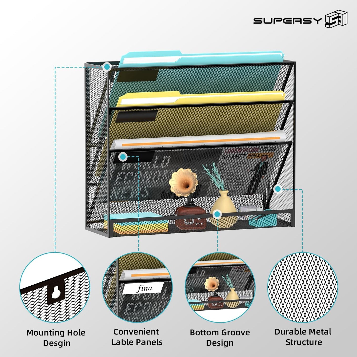 SUPEASY 4-Tier Wall File Organizer Mesh Office Mail Holder, Hanging Wall Organizer Magazine Rack for Office Black