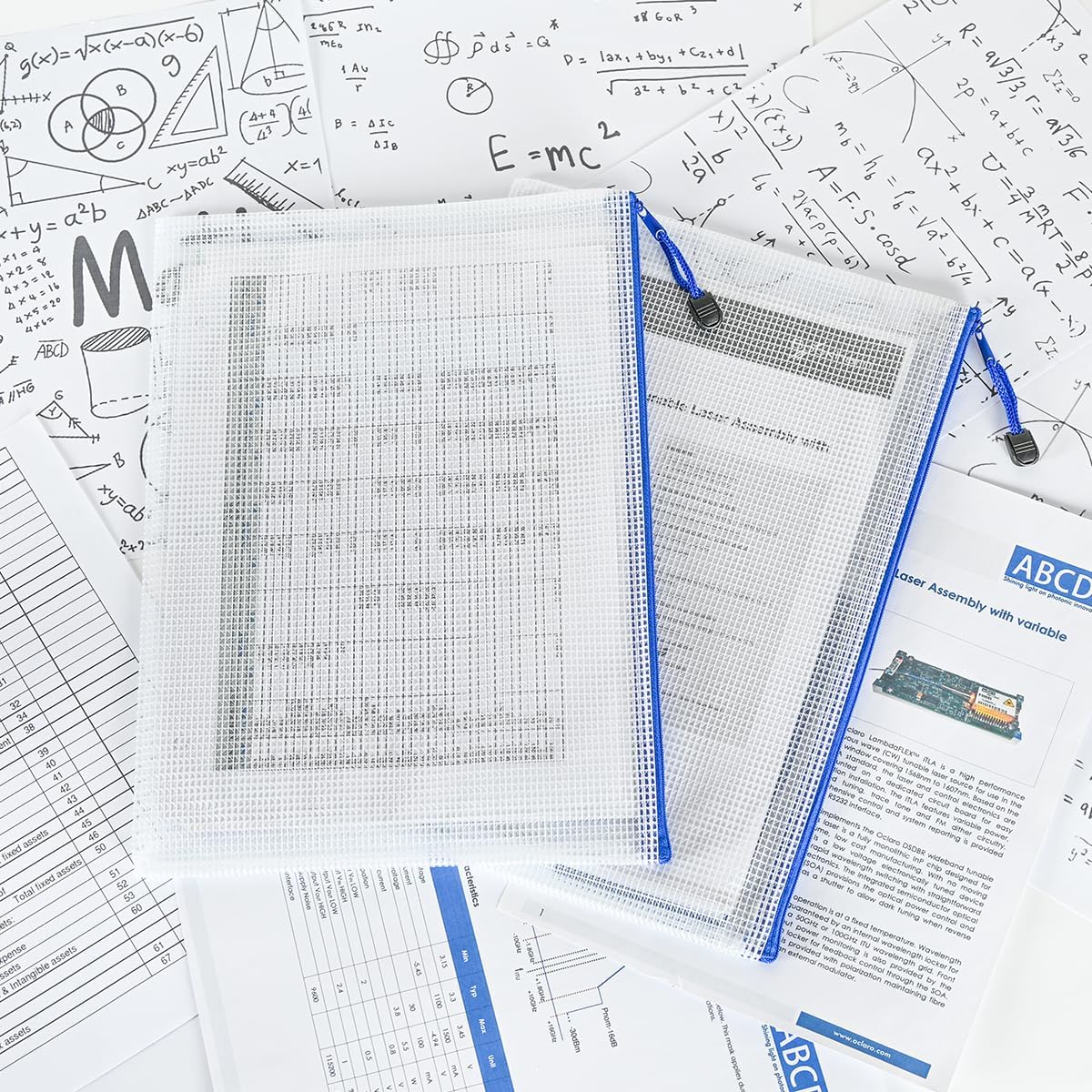 AUSTARK 10 Pcs Zipper File Bags, Waterproof Plastic Mesh Pouch for Office School, Board Game Storage Bags (A4 Size 13.4''x9.4'', White and Blue)