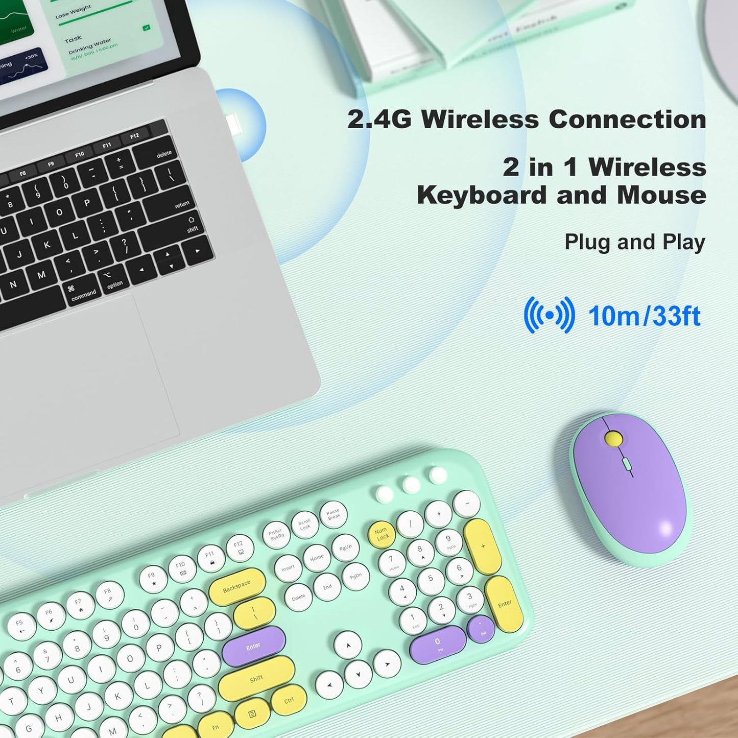 Wireless Keyboard and Mouse Combo, USB 2.4GHz Full Size Typewriter Keyboard with Number Pad and Colorful Mouse for Office PC Computer Desktop Laptop Windows 7 8 10 (Mint Green)