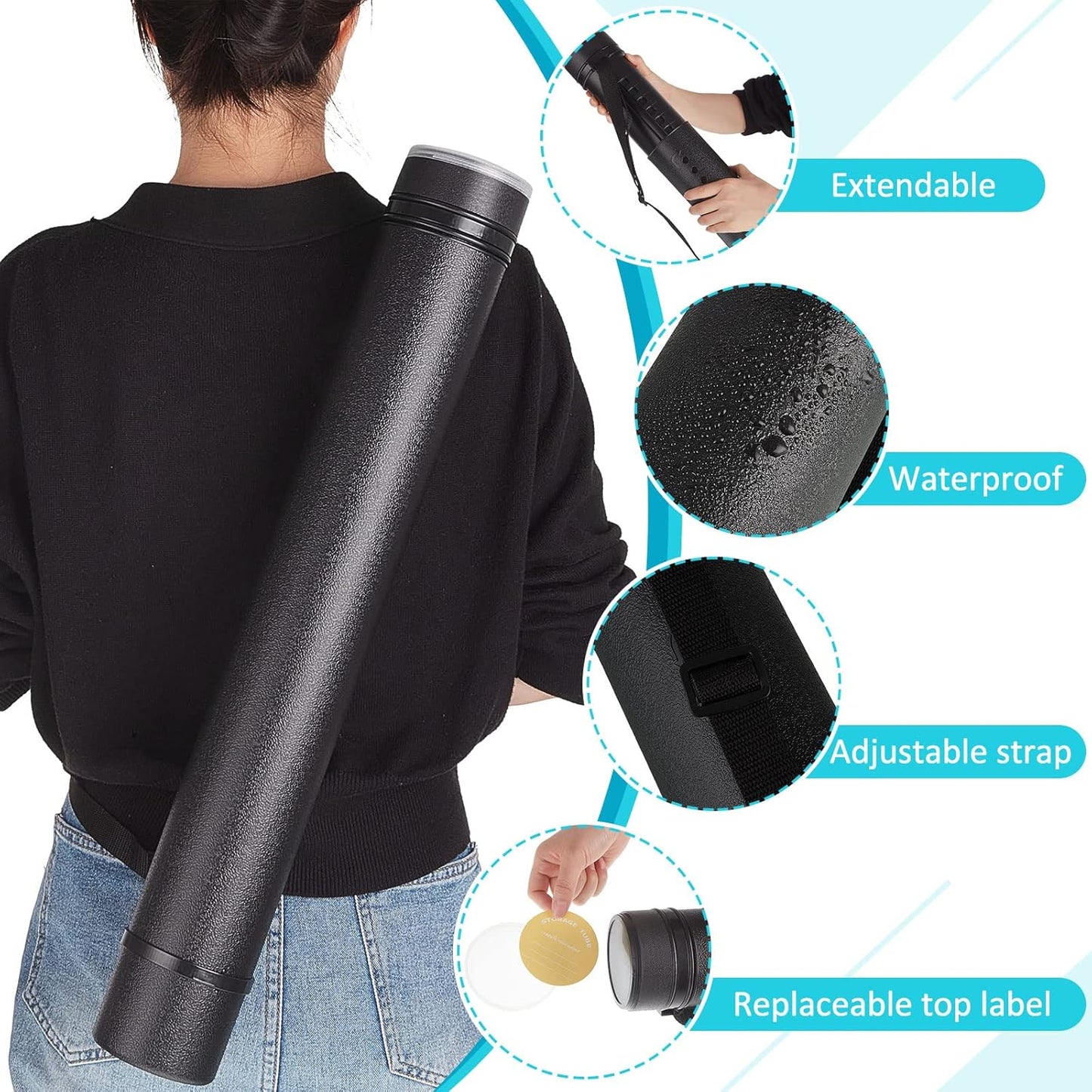 12 Pcs Black Poster Tube Bulk Extendable Blueprint Holder Expand from 24.5 to 40 Inch Portable Folder Organizer with Shoulder Straps and Lids for Maps, Documents, Drawings, Artworks, Scrolls