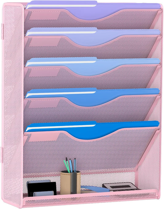 6 Tier Hanging File Organizer, Mesh Wall File Holder Paper Folder Rack with Bottom Flat Tray for Office Home, Pink