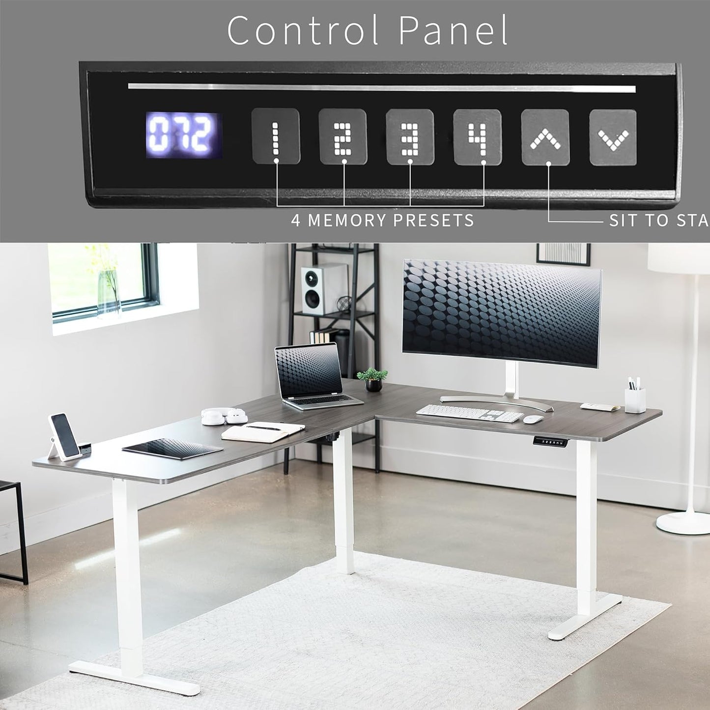 VIVO Electric Corner L-Shaped 75 x 63 in Standing Desk, Memory Height Adjustment, Dark Gray Top White Frame, DESK-E3CTWG-75