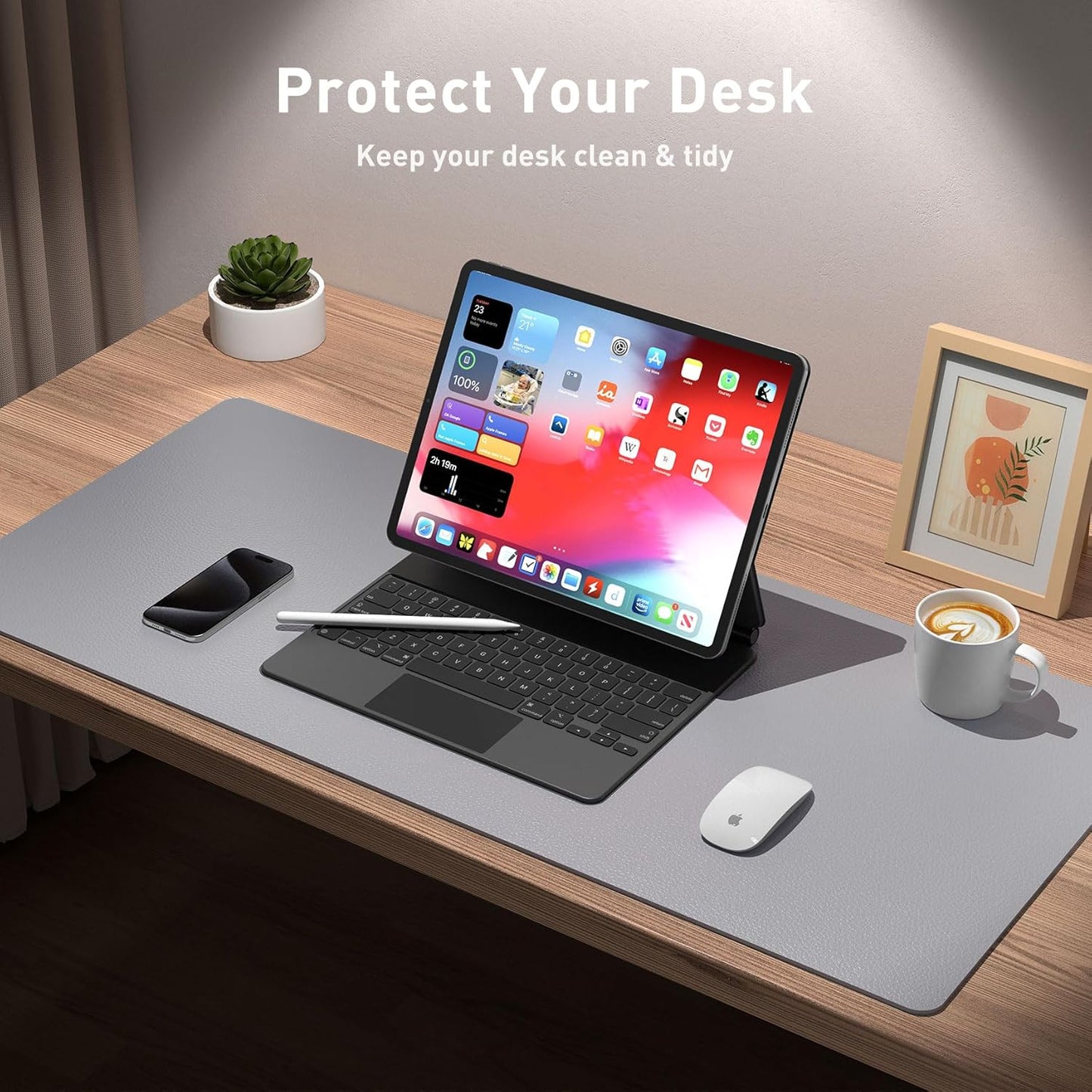 Aothia Leather Desk Pad Protector, Mouse Pad, Office Desk Mat, Non-Slip PU Leather Desk Blotter, Laptop Desk Pad, Waterproof Desk Writing Pad for Office and Home (31.5" x 15.7", Light Grey)