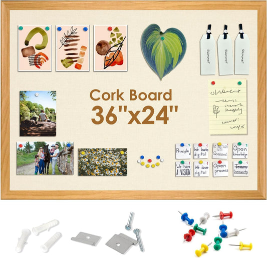 SHANTRA 36 x 24 Inch Bulletin Board with Beige Fabric, Wood Framed Canvas Cork Board, Corkboard for Walls with 10 Pins, Decorative Vision Board, Wall Mounted Notice Board for Home, Office, School