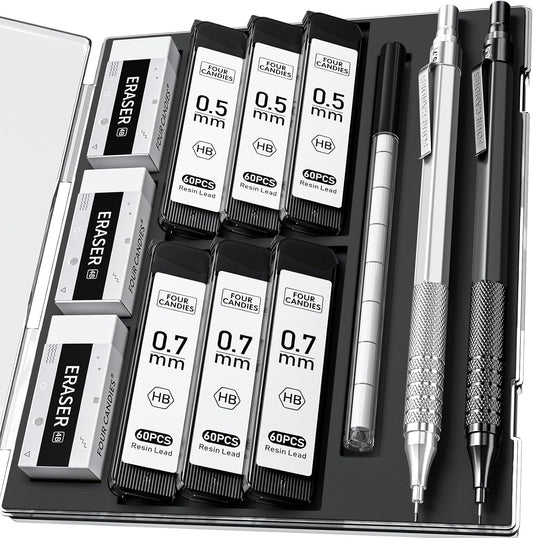 Four Candies 2PCS Metal Mechanical Pencils Set with Case, 0.5mm & 0.7 mm Artist Pencil with 6 Tubes (360PCS) HB Lead Refills, 3 Erasers,9 Eraser Refills For Writing Drafting, Drawing, Black&Silver