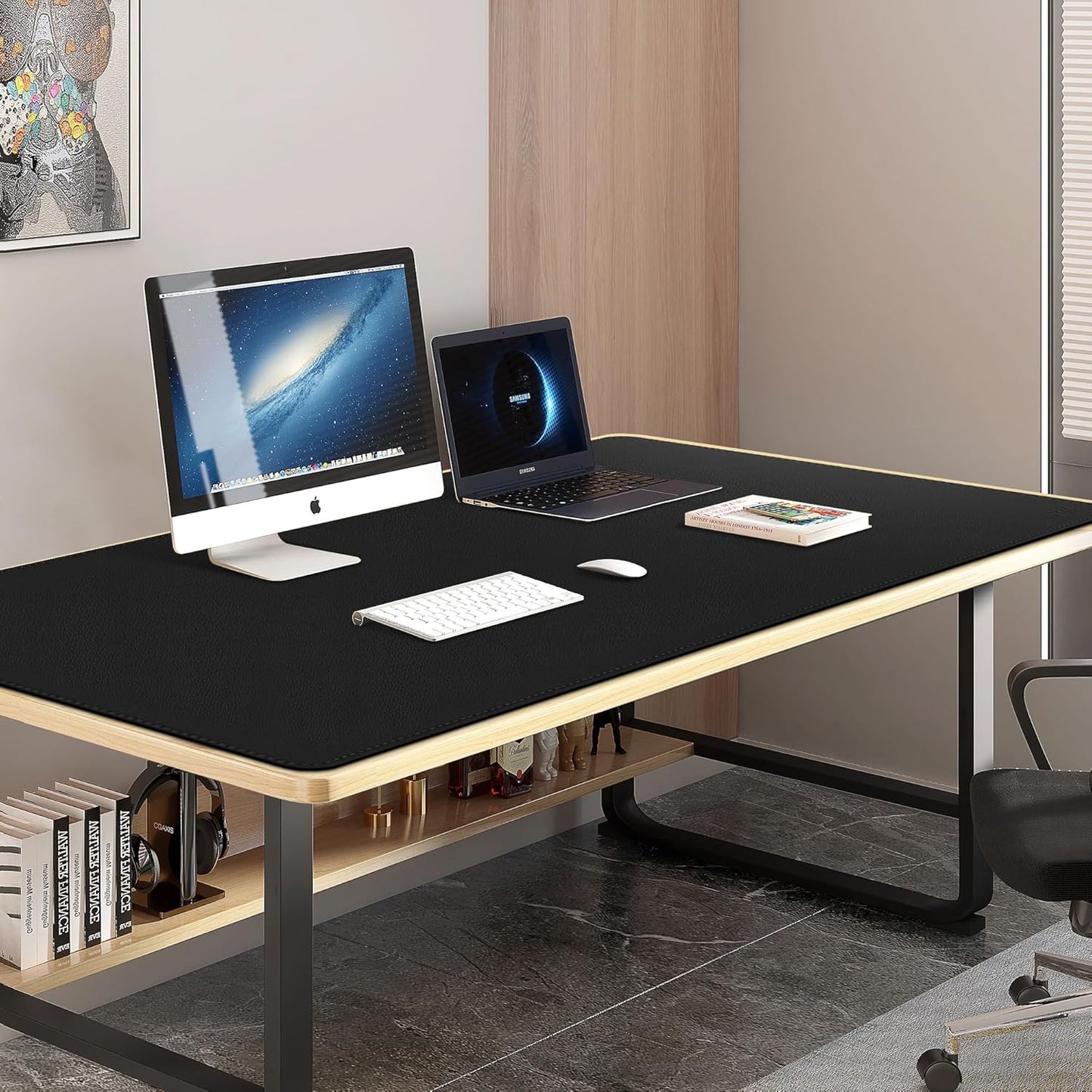 Vyaaa Leather Desk Mat, 59“ x 27.6” PU Leather Desk Pad Protector, Waterproof Extra Large Desk Mat, Large Mouse Pad，Desk Mats on top of Desks for Home or Office (Black)