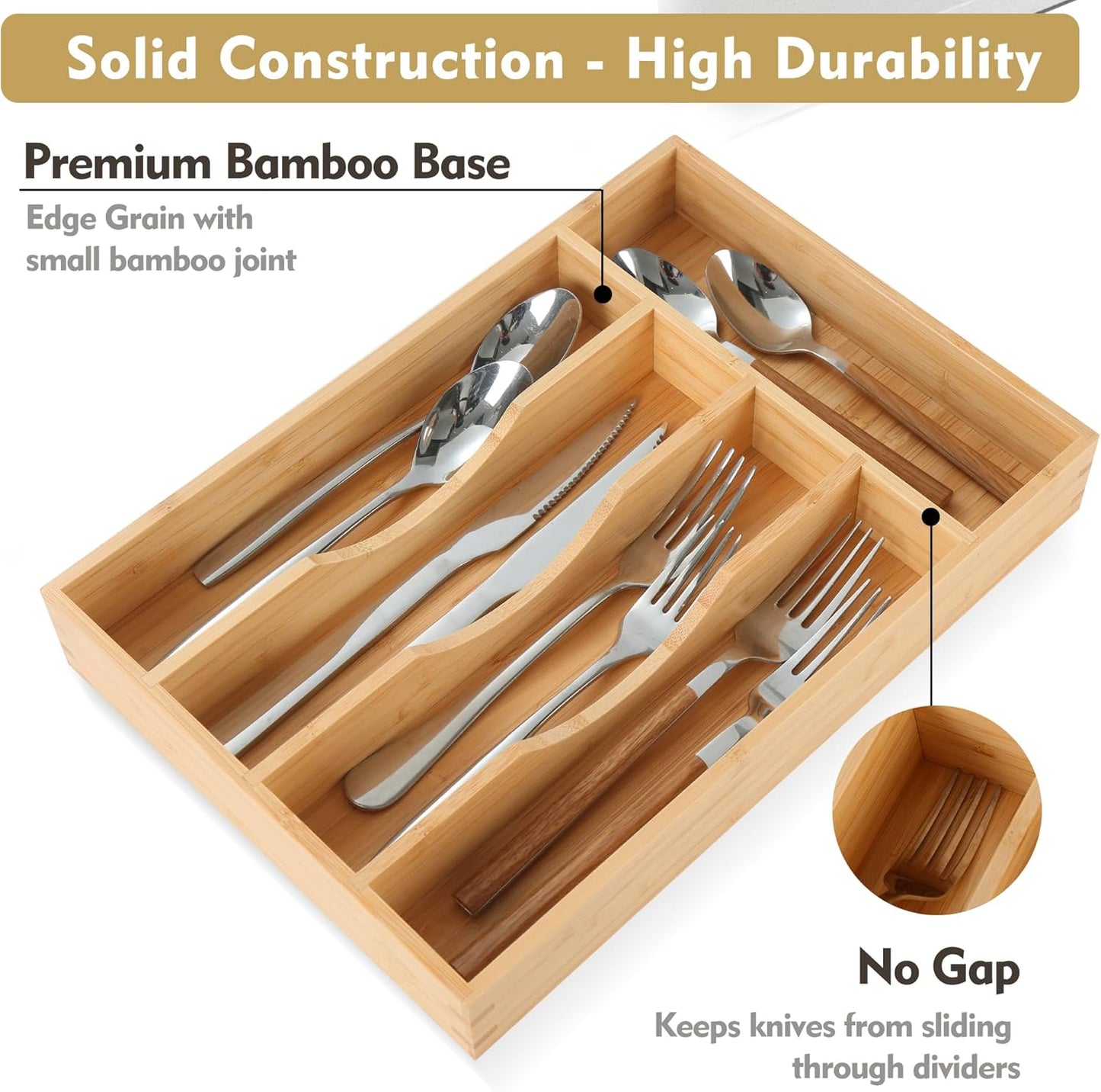 Bamboo Kitchen Drawer Organizer, 9 Inch Silverware Utensil Holder for Samll Drawer, Narrow Silverware Organizer for Cutlery Knives