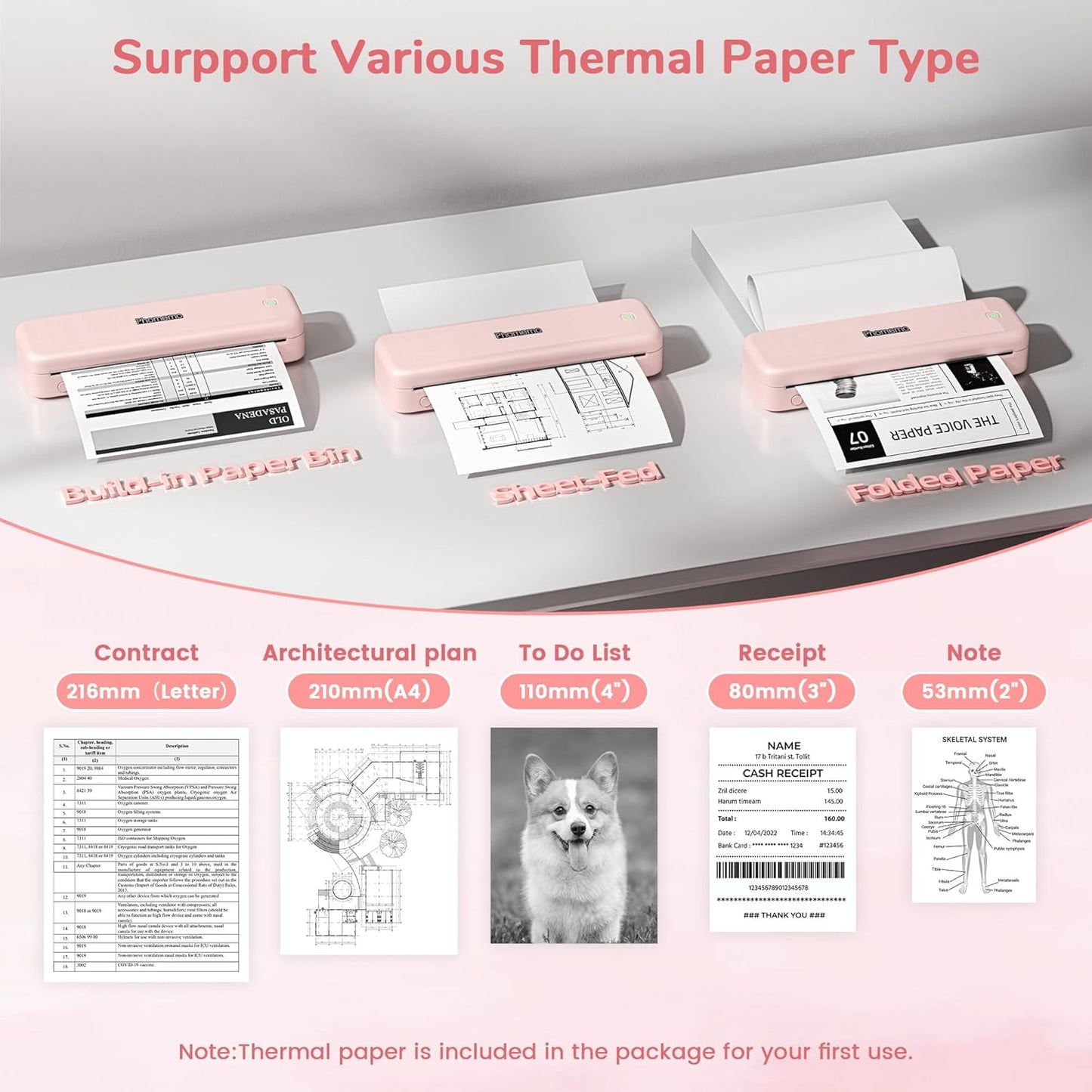 Phomemo Portable Printers Wireless for Travel Upgraded,M834 Bluetooth Thermal Printer 8.5" x 11"& A4 Size,Inkless Mobile Printer with Carry Case for Travel,Office,School,Car,Home,Pink