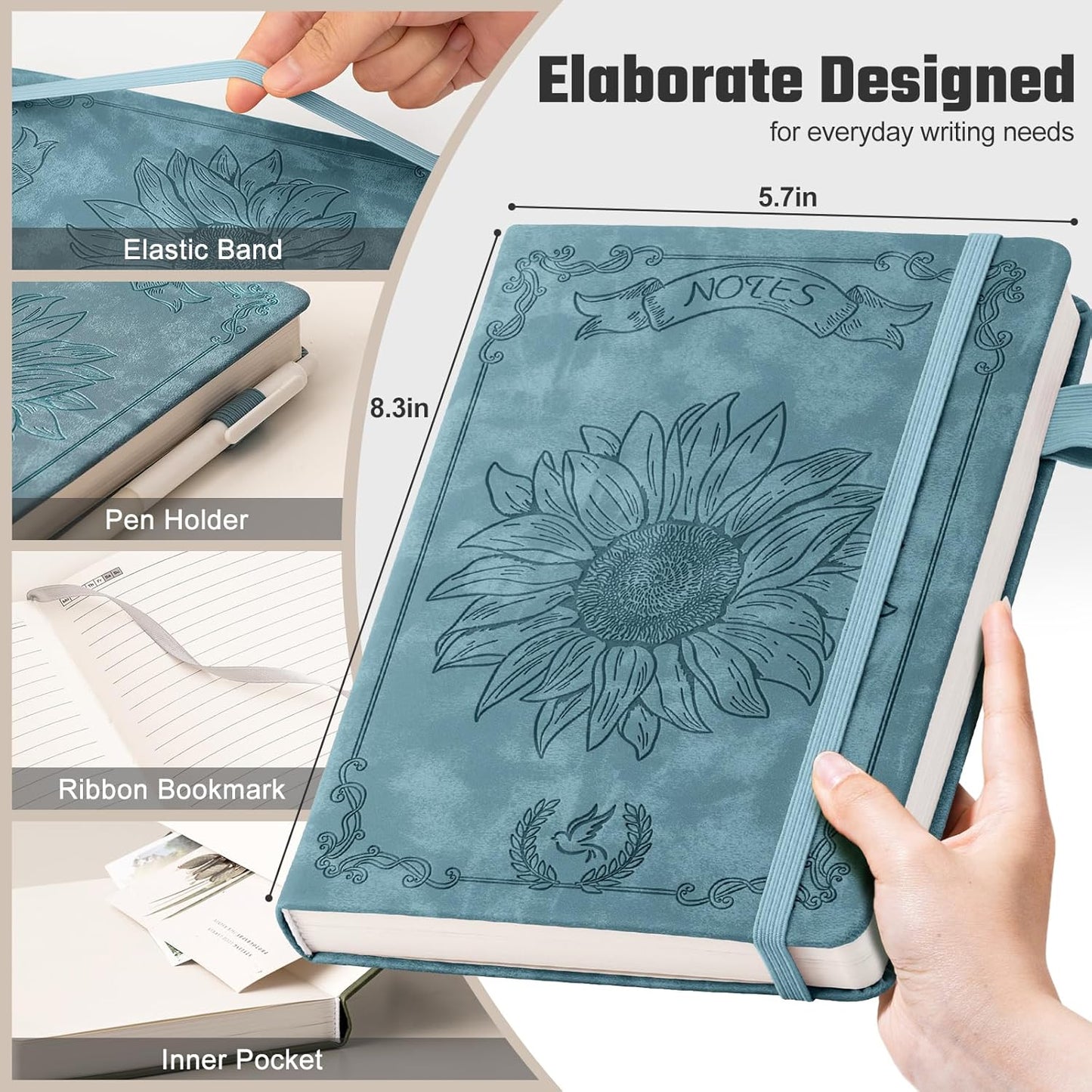 Sunflower Journal for Girls Women Journals for Writing 100GSM College Ruled A5 Leather Notebook for Girls Ages 8-12 Flower Diary with Heart-shaped Shadow, 5.7" x 8.3", Blue