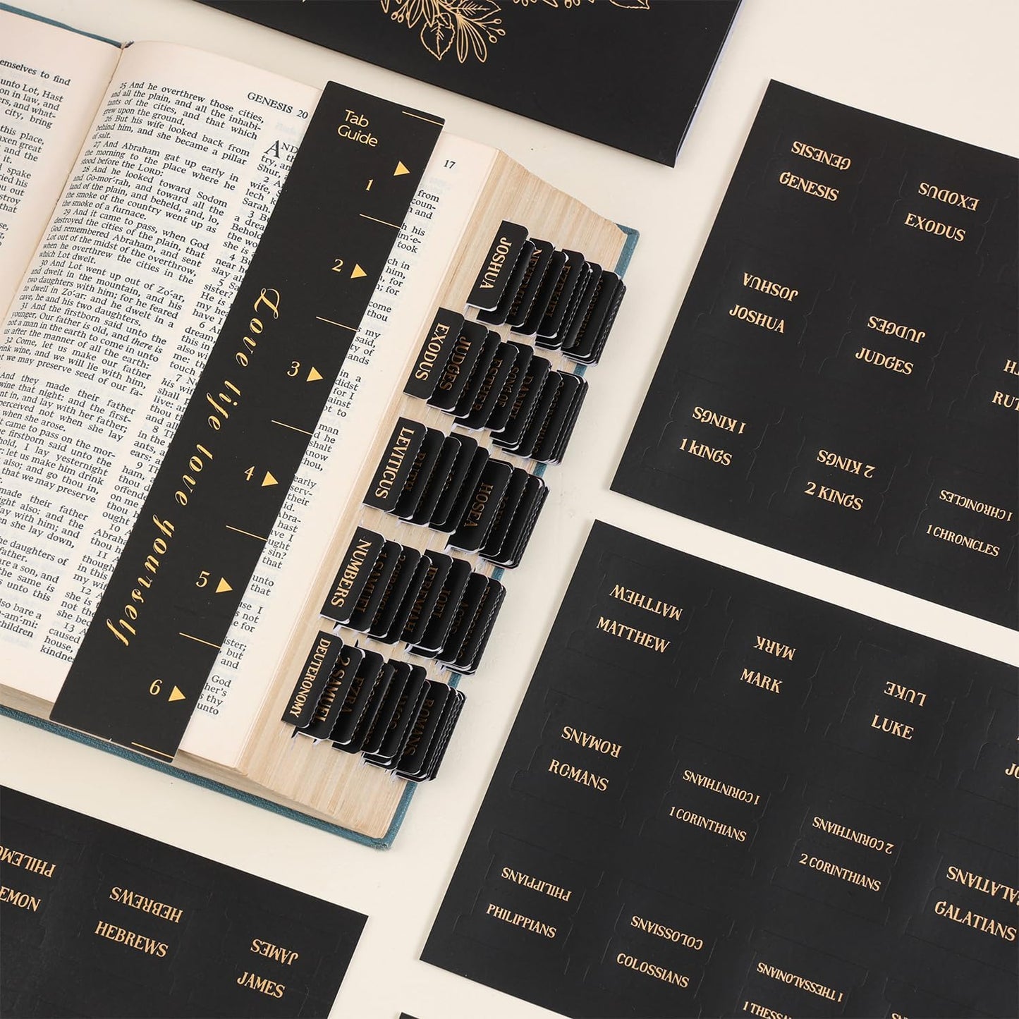 Laminated Bible Tabs, Gold Foil Embossed Lettering Bible Chapter Index Tabs for Women Men, Reposition Large Print Sticky Labels, Easy to Read and Apply, 105Chapters Labels for Easy Navigation (Black)