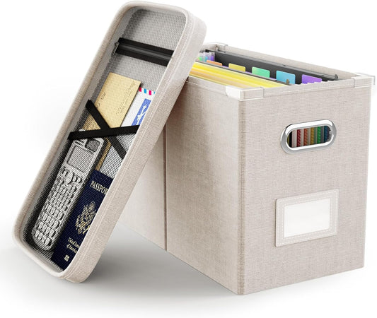 Oterri File Organizer Box with Lid, Hanging Filing File Box with Mesh Pocket, Document Organizer Box for Letter Files, Portable Storage Box with Smooth Sliding Rail for Office&Home (1 PCS, Beige)