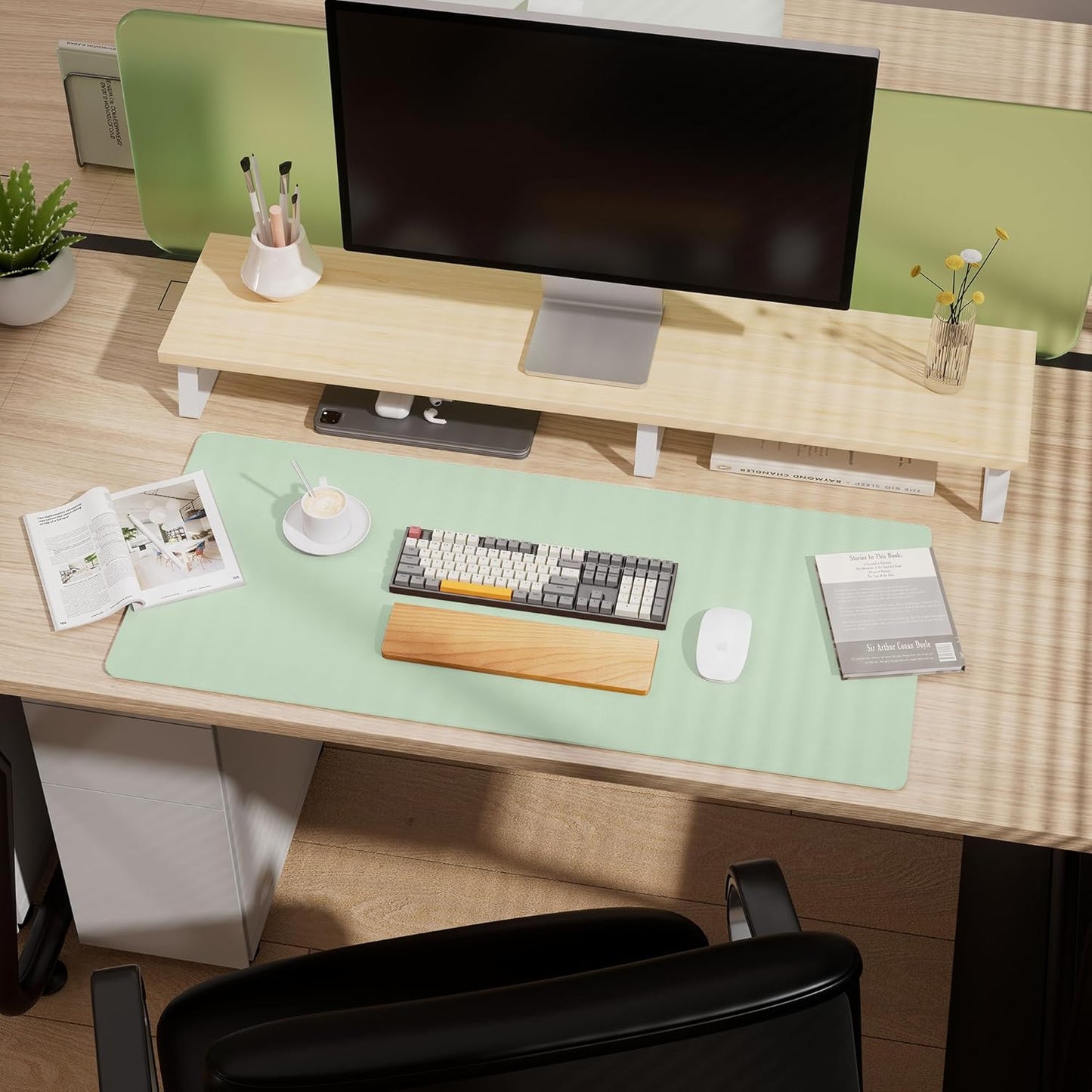 Aothia Double-Sided Desk Pad - 35.4" x 15.7" Leather Desk Mat with Eco Cork Protector, Large Mouse Pad, Waterproof Desk Blotter for Office/Home (Aqua)